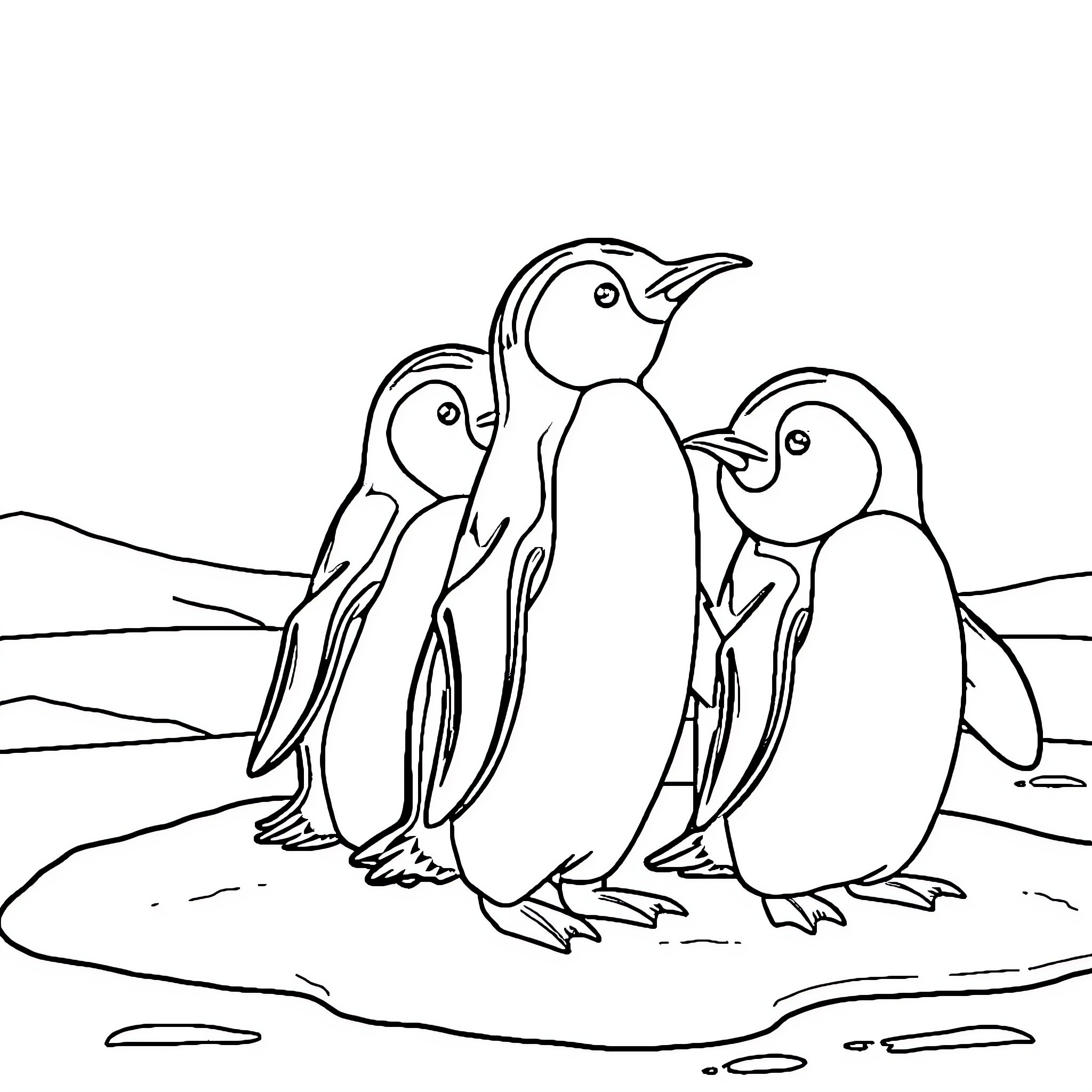Penguin family in a natural setting Coloring Page (free black-and-white line drawing printable PDF for all, from beginners to advanced learners, including children, teens, adults, and seniors)