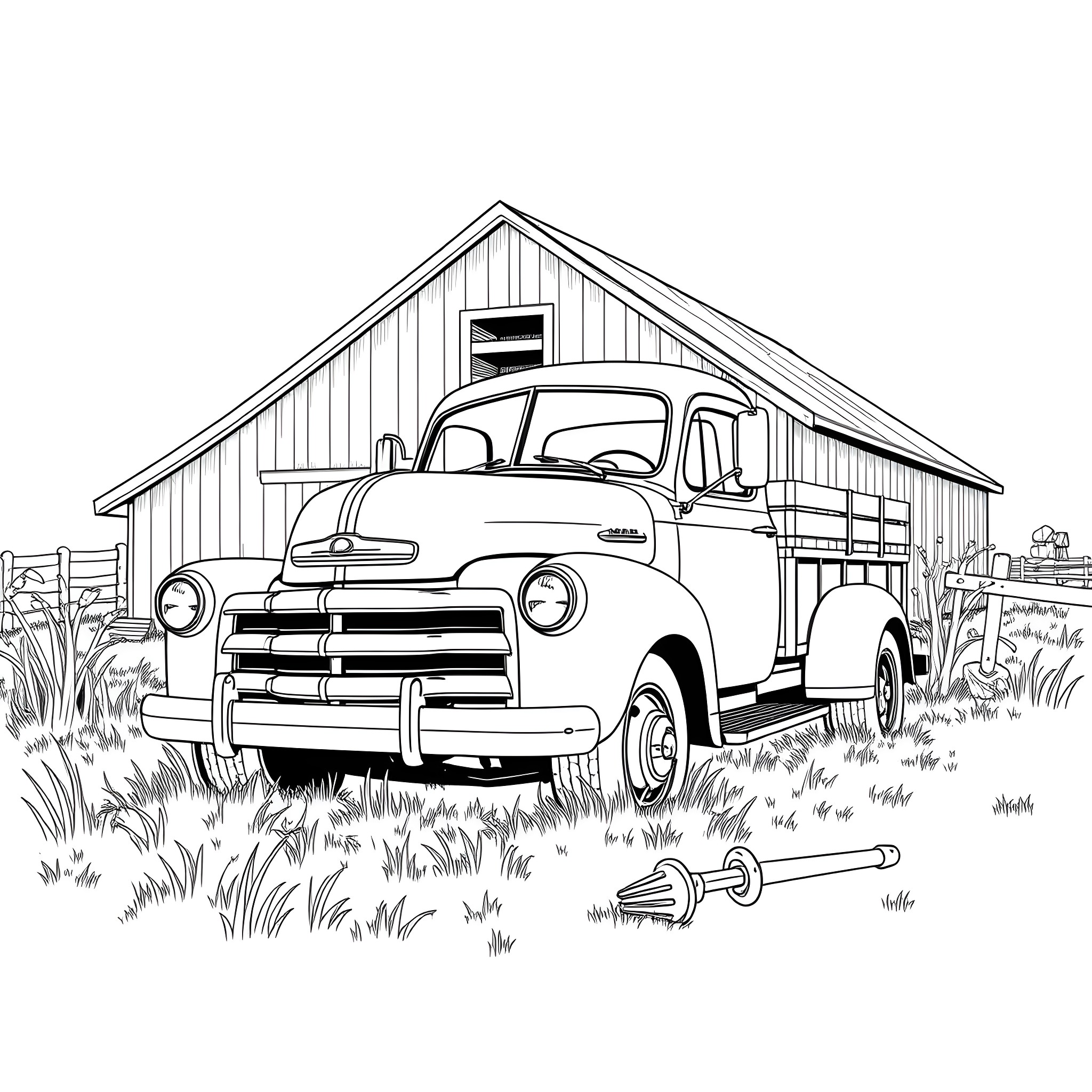 Truck parked near rustic barn in countryside Coloring Page (free black-and-white line drawing printable PDF for all, from beginners to advanced learners, including children, teens, adults, and seniors)