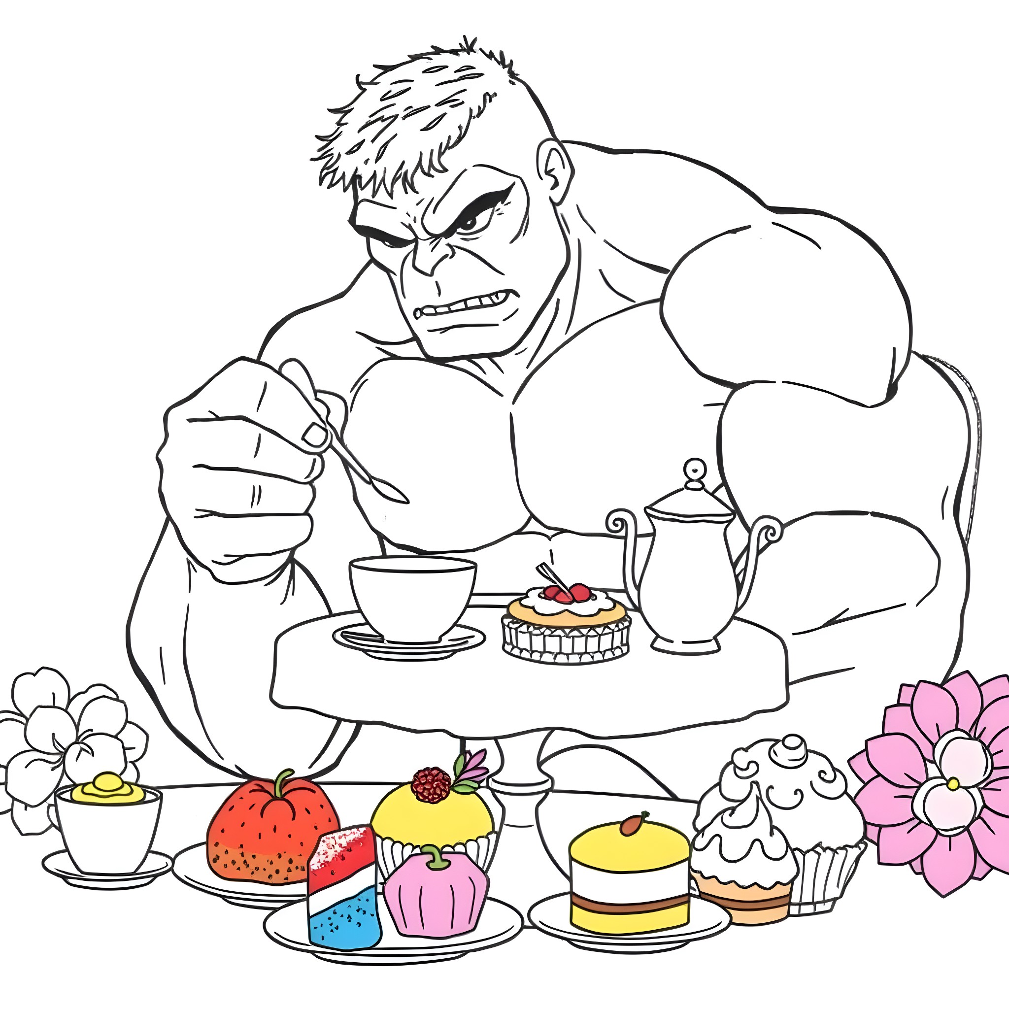 Hulk Enjoying a Tea Party with Sweets Coloring Page (free black-and-white line drawing printable PDF for all, from beginners to advanced learners, including children, teens, adults, and seniors)