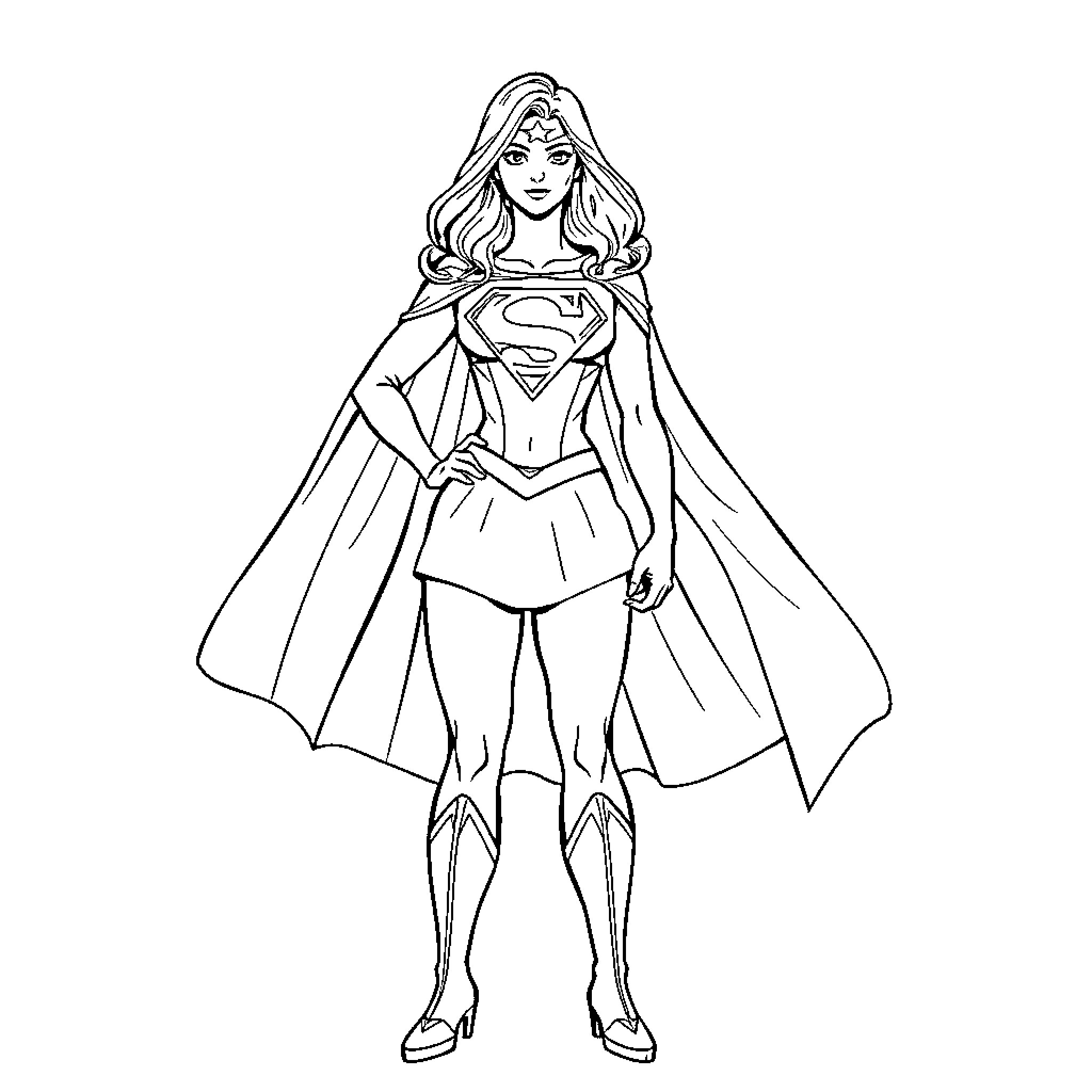 Supergirl in heroic stance with cape Coloring Page (free black-and-white line drawing printable PDF for all, from beginners to advanced learners, including children, teens, adults, and seniors)