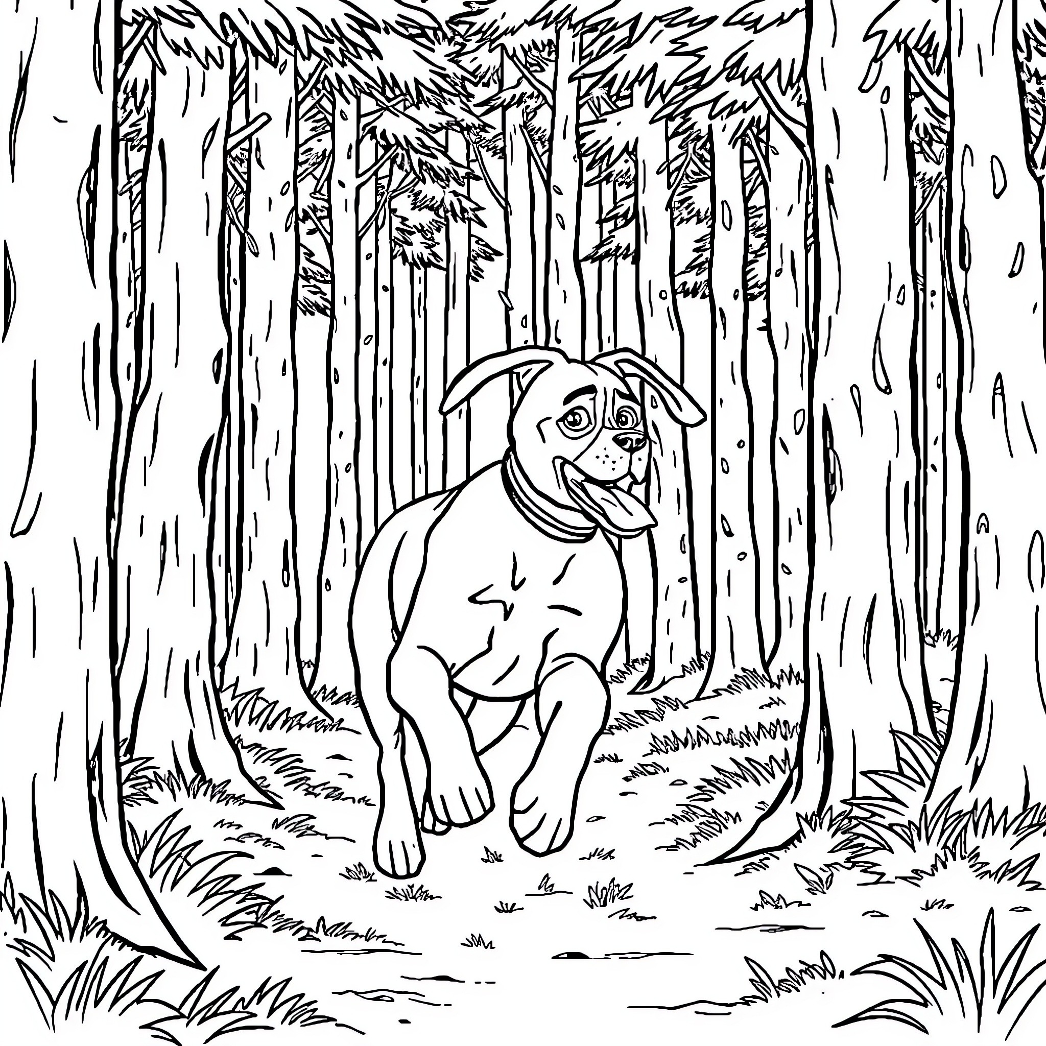 Boxer dog exploring mysterious forest Coloring Page (free black-and-white line drawing printable PDF for all, from beginners to advanced learners, including children, teens, adults, and seniors)