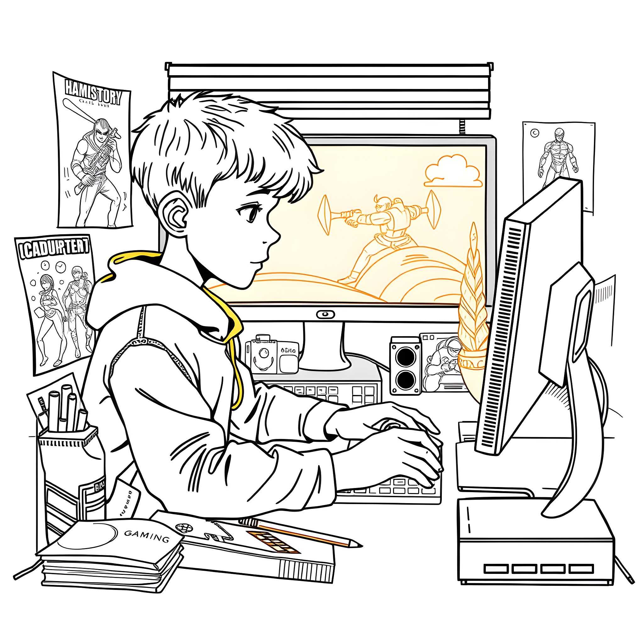 Boy engrossed in gaming on his computer Coloring Page (free black-and-white line drawing printable PDF for all, from beginners to advanced learners, including children, teens, adults, and seniors)