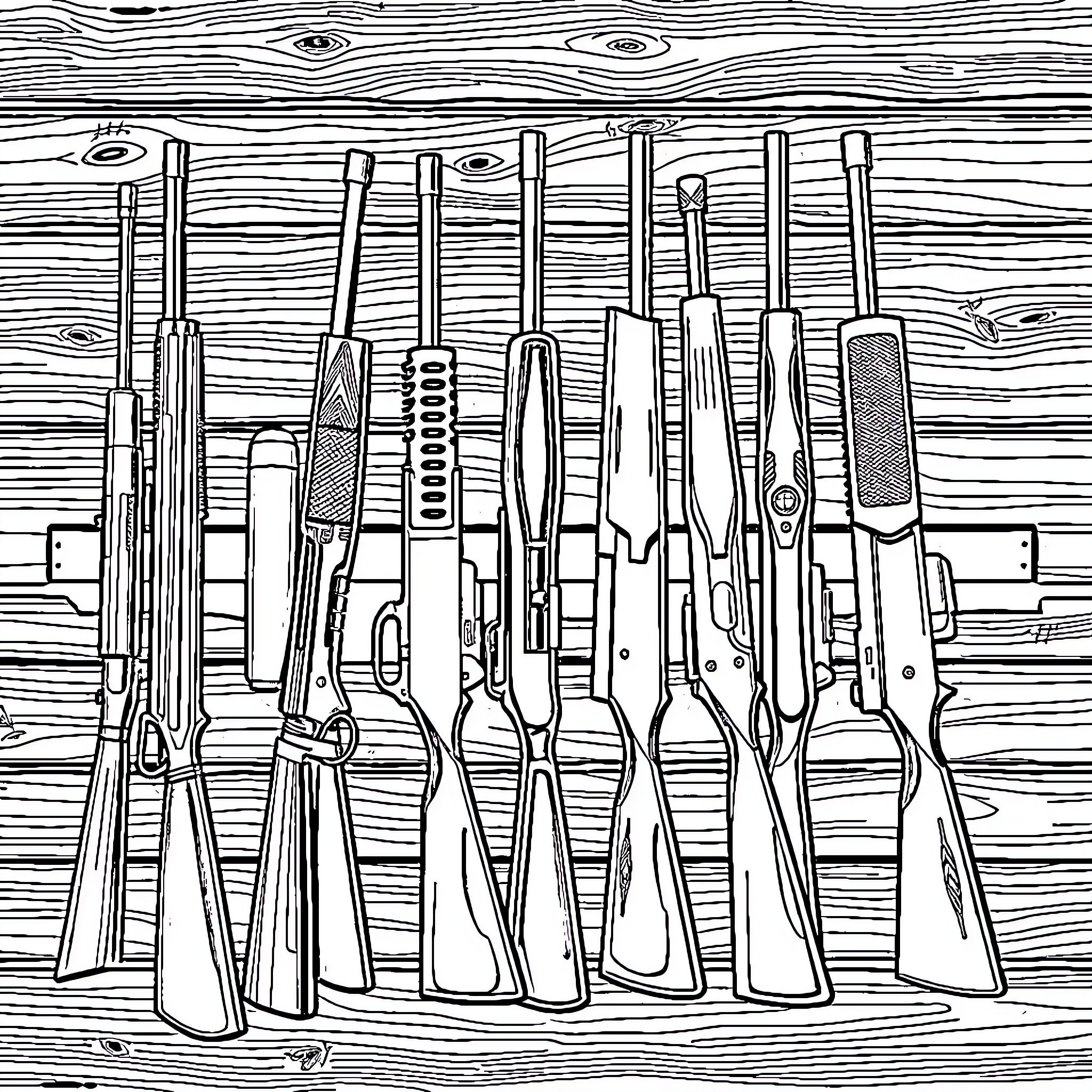 Gun Lineup on Wooden Planks Coloring Page (free black-and-white line drawing printable PDF for all, from beginners to advanced learners, including children, teens, adults, and seniors)
