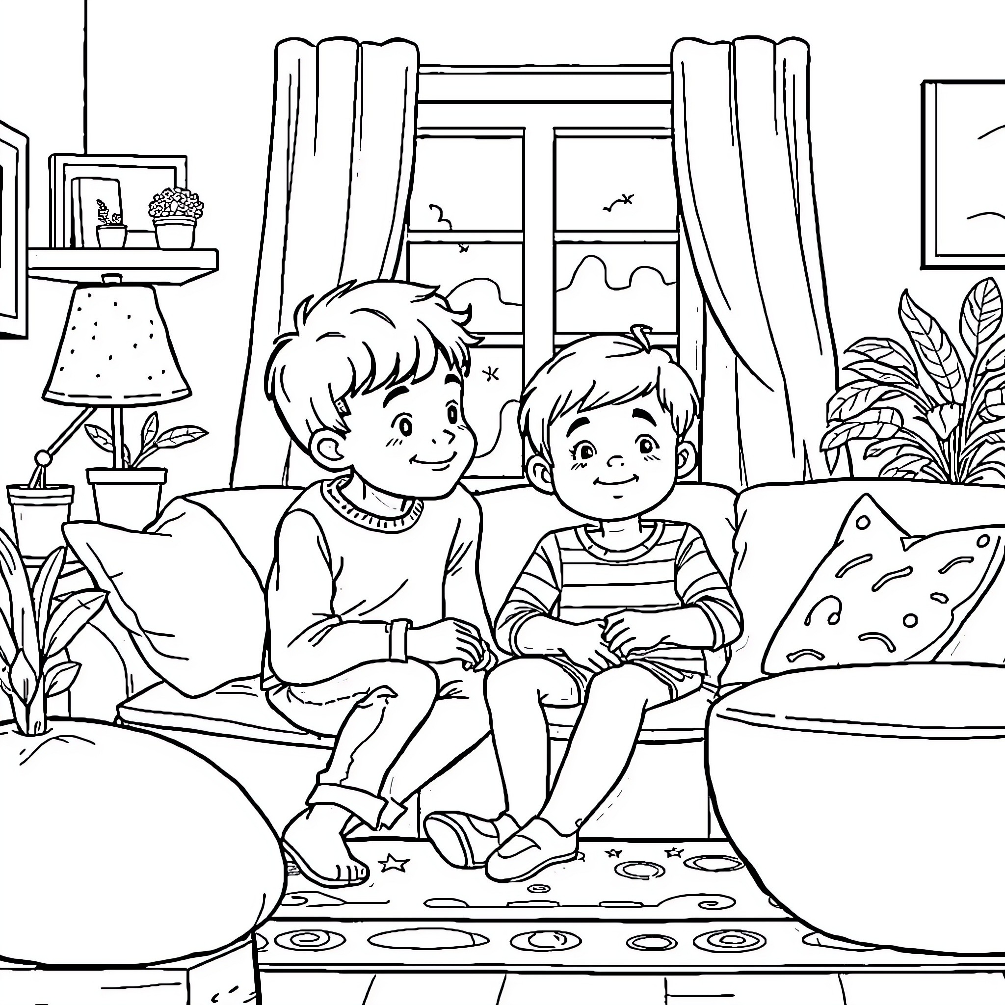 Sibling Bonding: Brothers Enjoying Quality Time Together Coloring Page (free black-and-white line drawing printable PDF for all, from beginners to advanced learners, including children, teens, adults, and seniors)