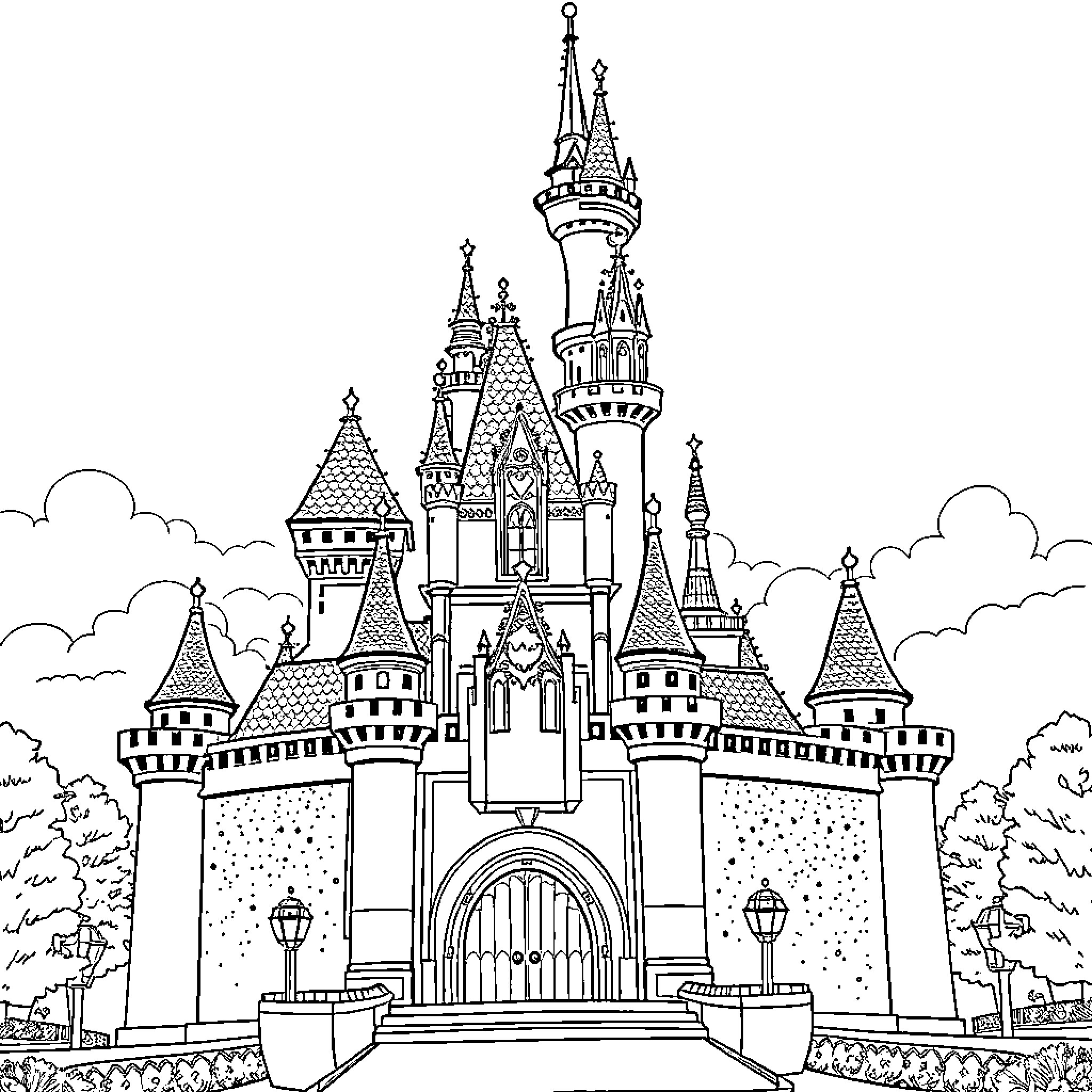 Disneyland Castle with Ornate Towers and Spires Coloring Page (free black-and-white line drawing printable PDF for all, from beginners to advanced learners, including children, teens, adults, and seniors)