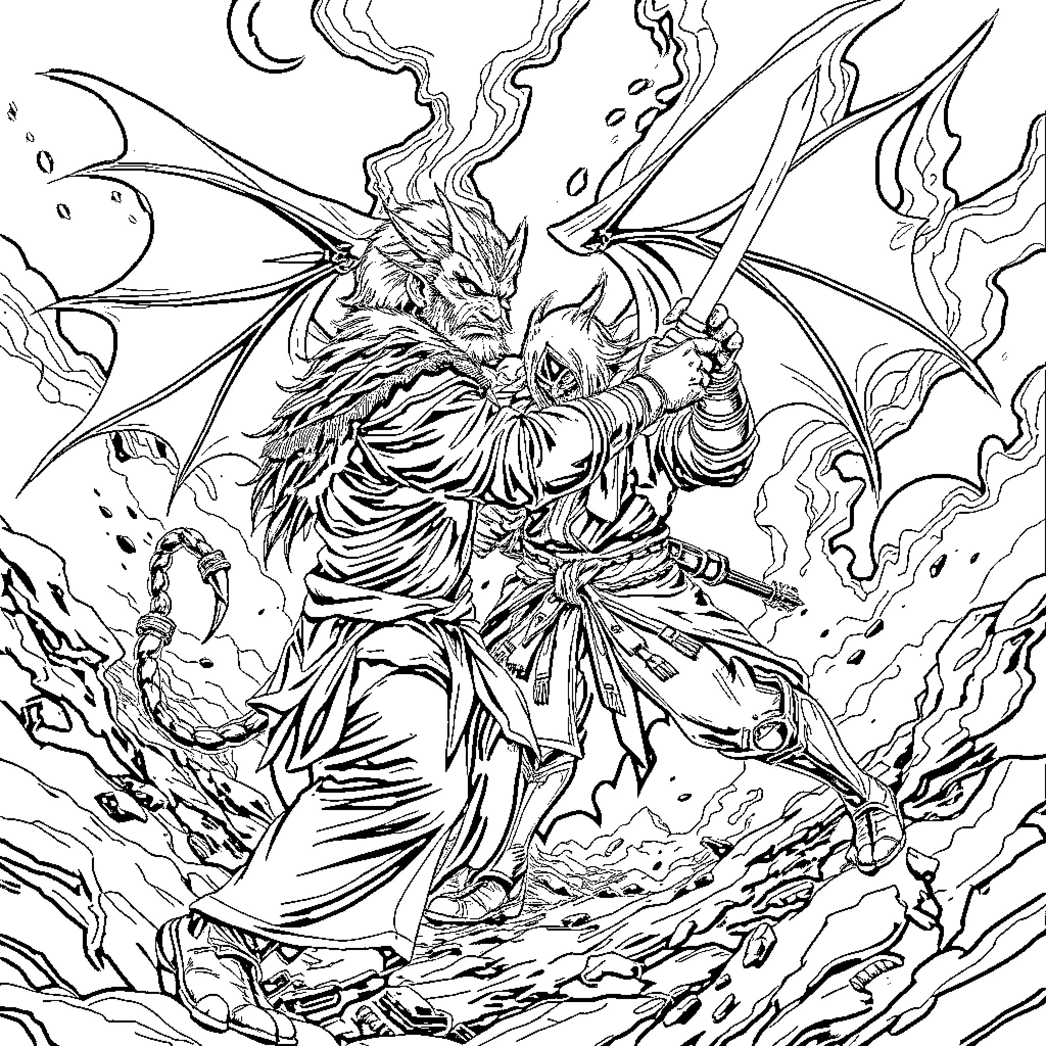 Demon Warrior Wielding Fiery Sword in Dramatic Battle Coloring Page (free black-and-white line drawing printable PDF for all, from beginners to advanced learners, including children, teens, adults, and seniors)