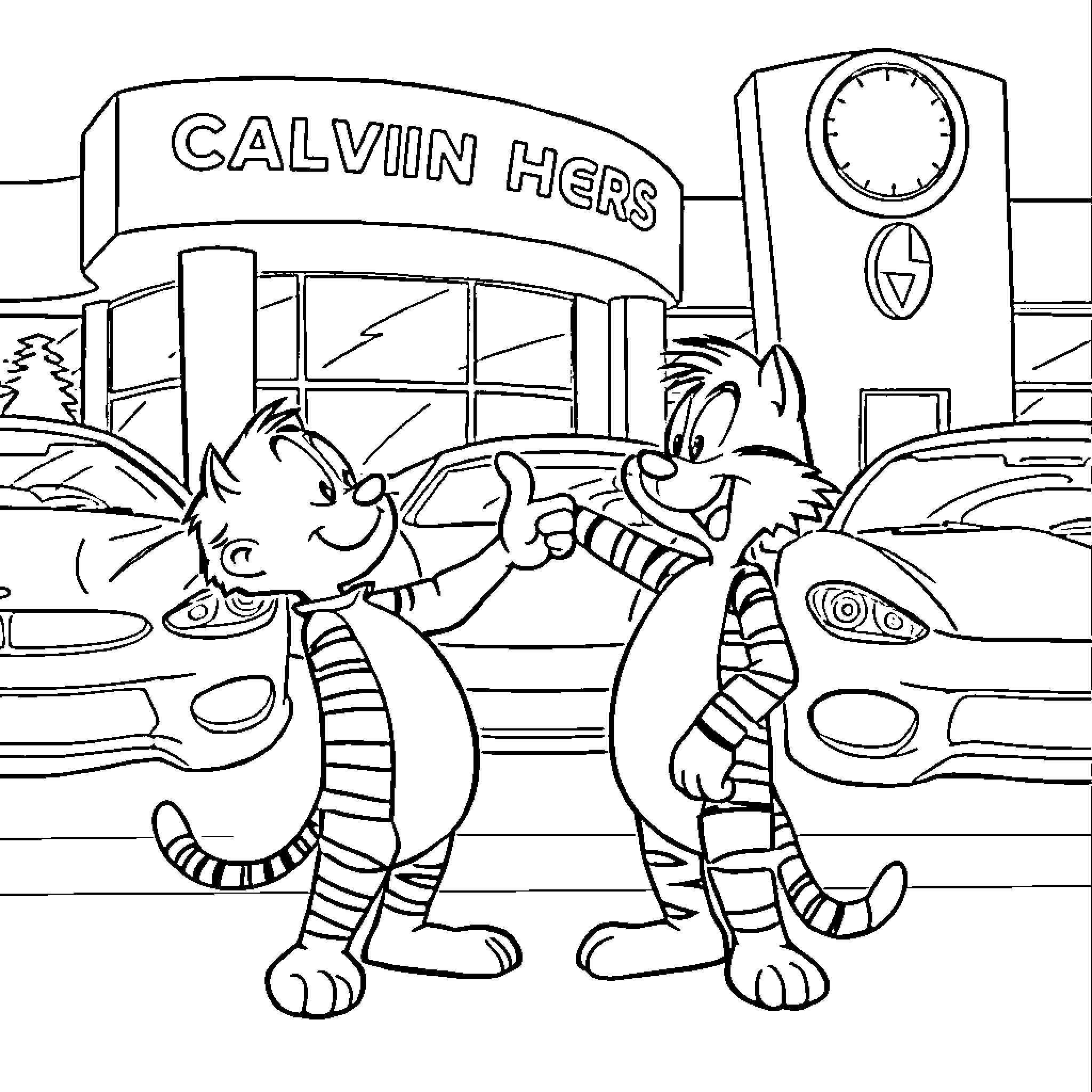 Calvin and Hobbes explore the auto shop Coloring Page (free black-and-white line drawing printable PDF for all, from beginners to advanced learners, including children, teens, adults, and seniors)
