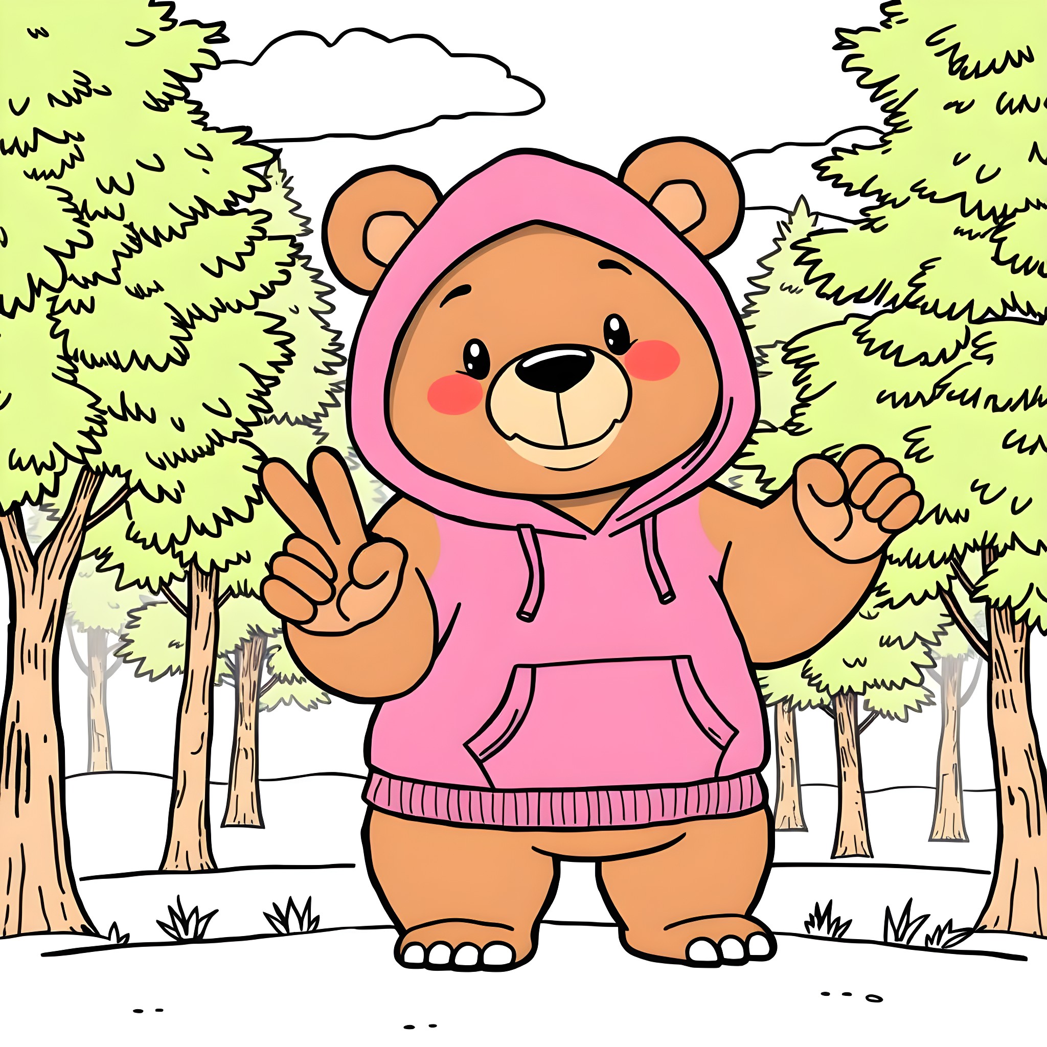 Bear wearing a pink hoodie in the woods Coloring Page (free black-and-white line drawing printable PDF for all, from beginners to advanced learners, including children, teens, adults, and seniors)