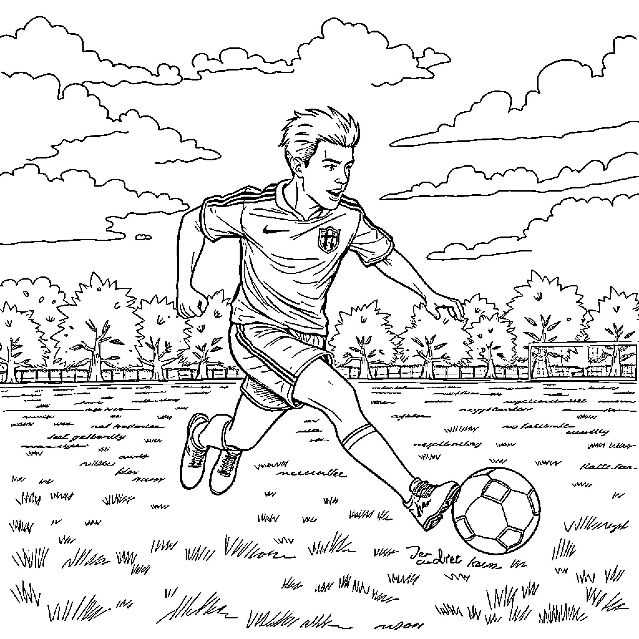 Viktor Gyokeres playing soccer in the field Coloring Page (free black-and-white line drawing printable PDF for all, from beginners to advanced learners, including children, teens, adults, and seniors)