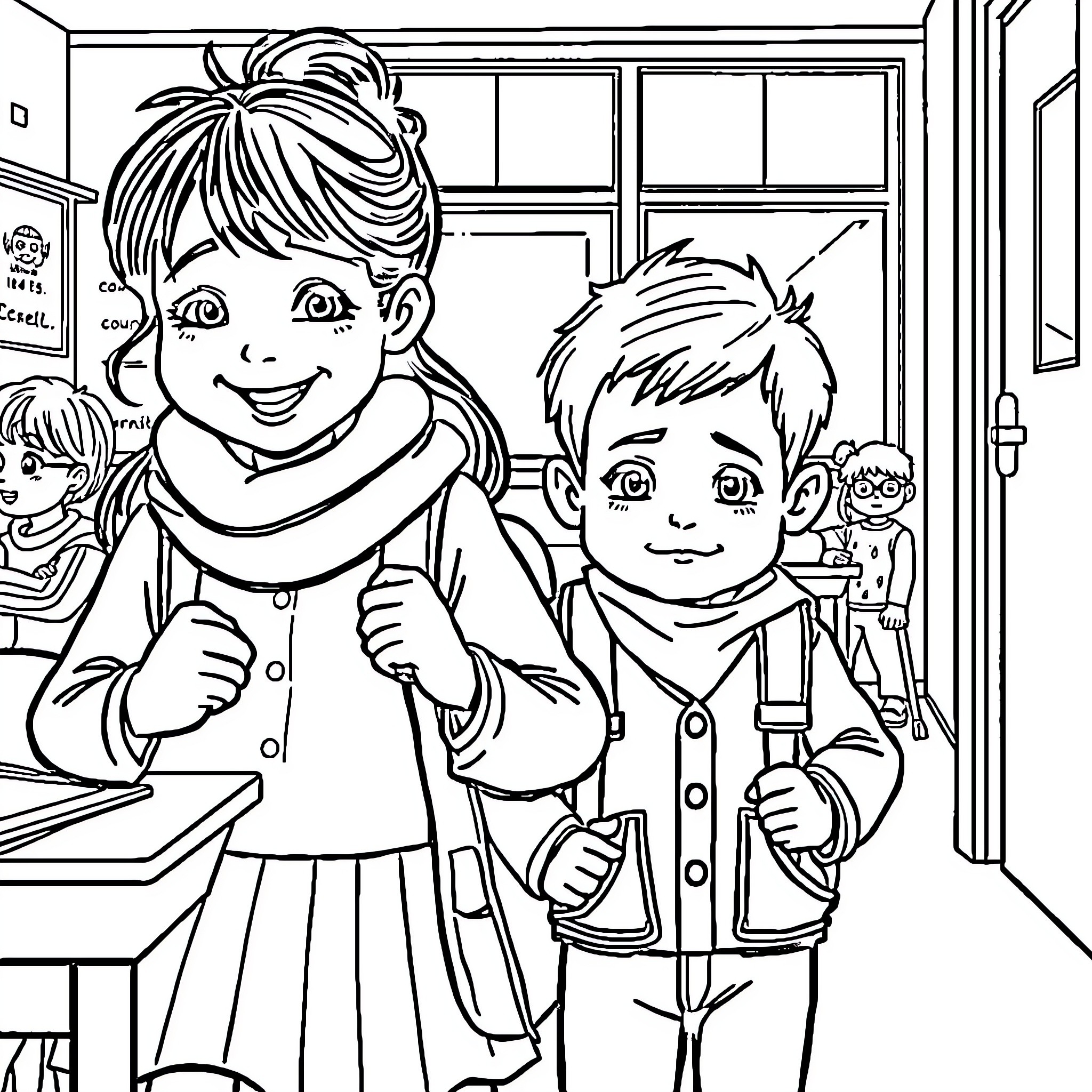 Child siblings excited for school Coloring Page (free black-and-white line drawing printable PDF for all, from beginners to advanced learners, including children, teens, adults, and seniors)