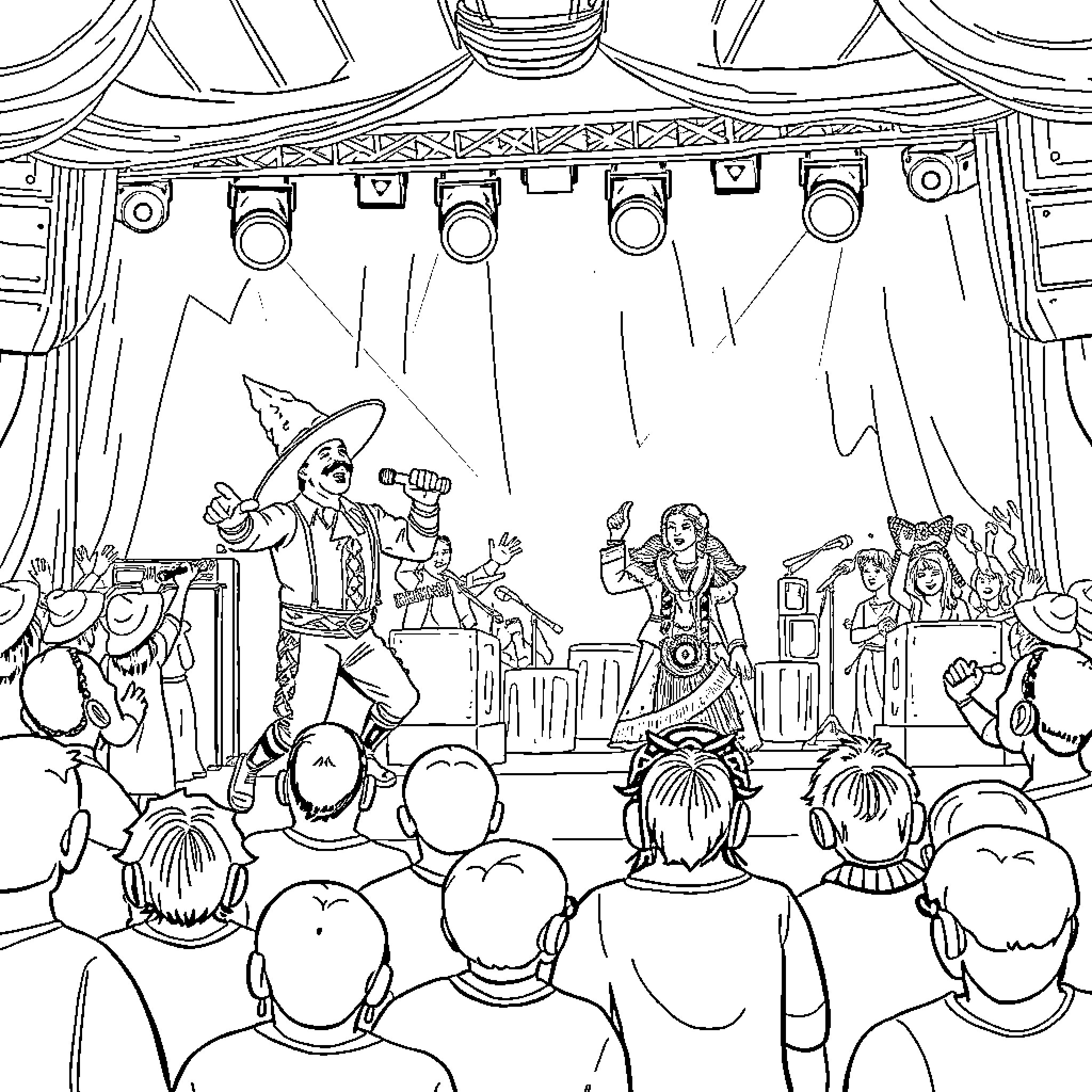 Fuerza Regida: Musicians Performing on Stage for Crowd Coloring Page (free black-and-white line drawing printable PDF for all, from beginners to advanced learners, including children, teens, adults, and seniors)
