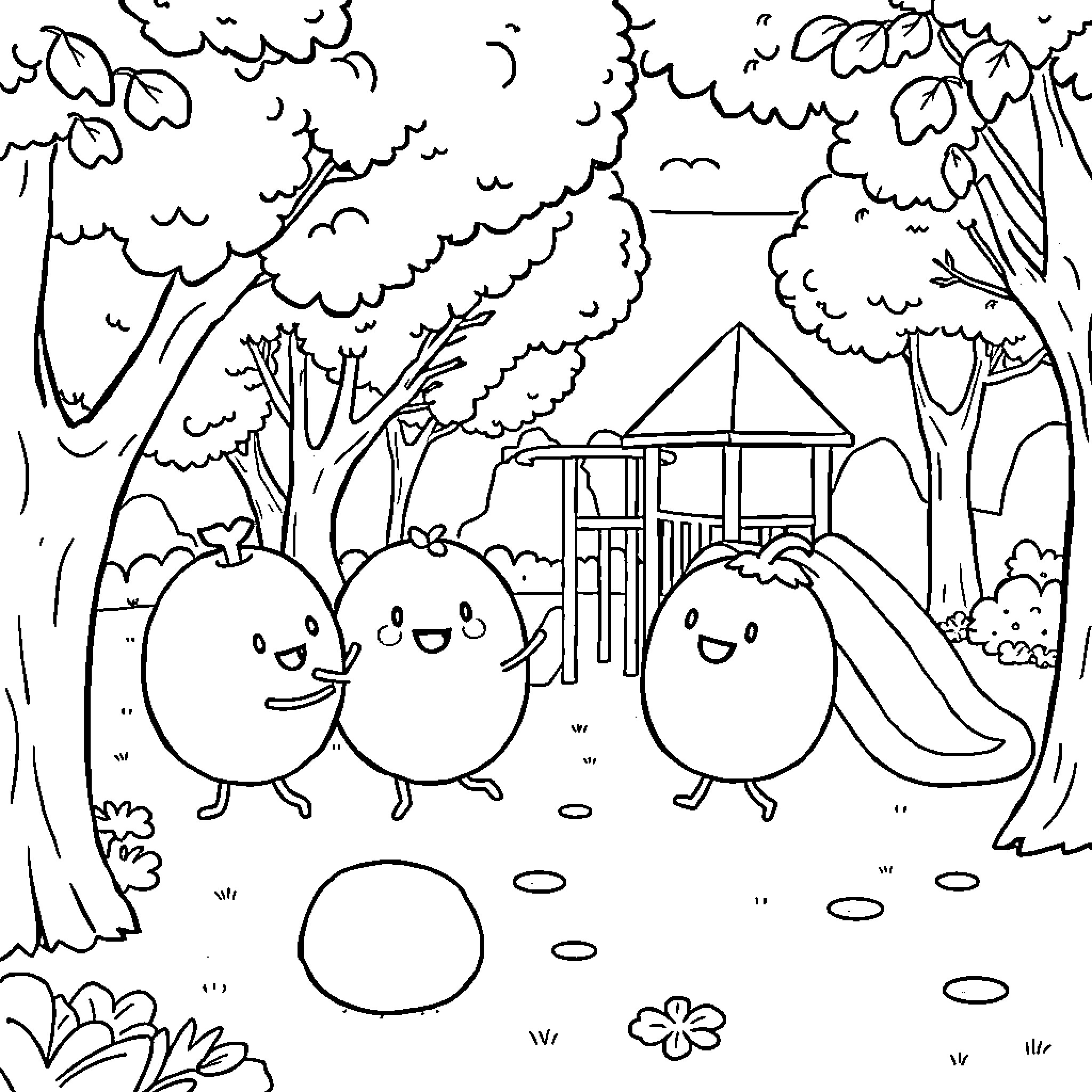 Cocomelon characters playing in the forest Coloring Page (free black-and-white line drawing printable PDF for all, from beginners to advanced learners, including children, teens, adults, and seniors)