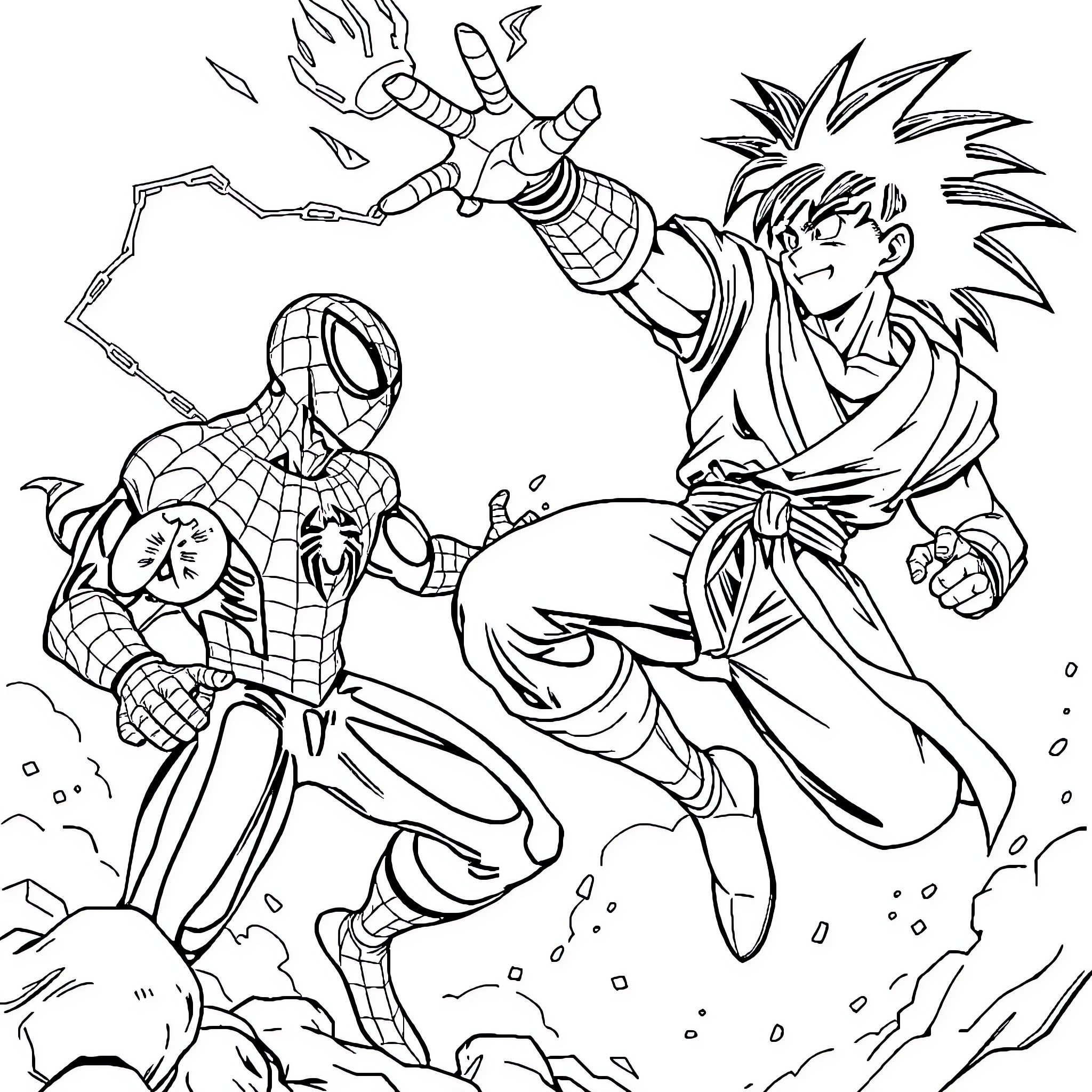 Spiderman battles a powerful foe in action-packed scene Coloring Page (free black-and-white line drawing printable PDF for all, from beginners to advanced learners, including children, teens, adults, and seniors)