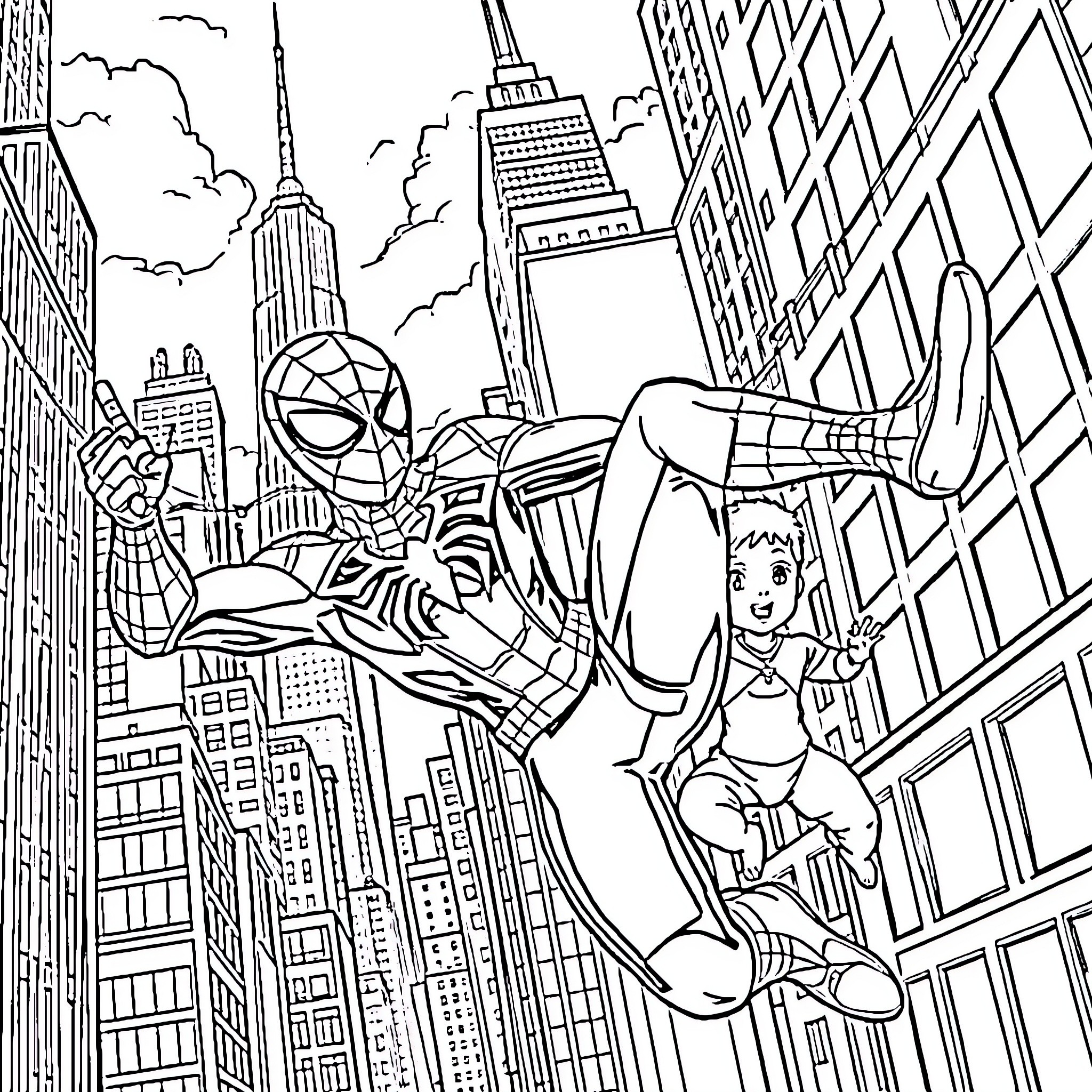 Spiderman swinging through the city skyline Coloring Page (free black-and-white line drawing printable PDF for all, from beginners to advanced learners, including children, teens, adults, and seniors)