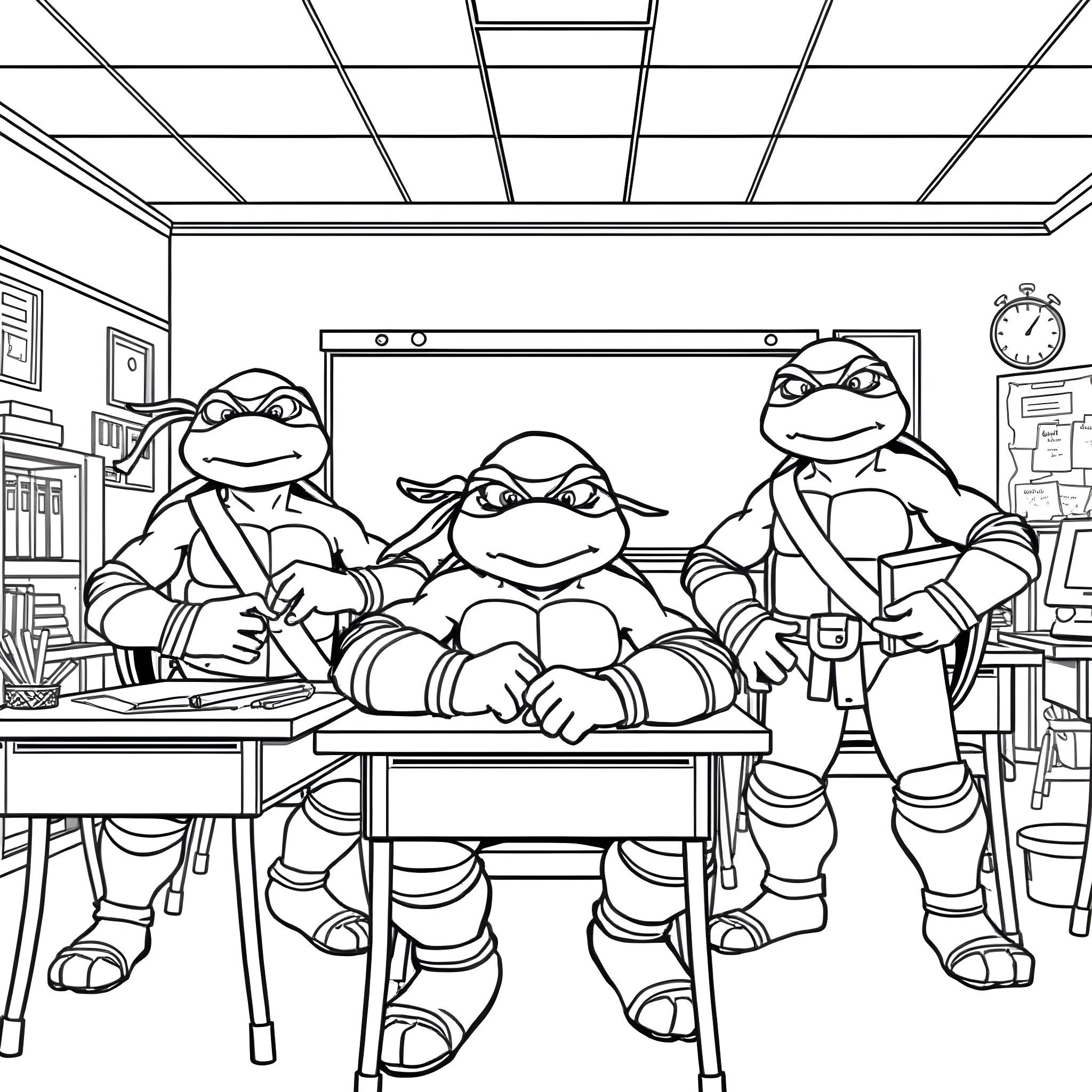 Teenage Mutant Ninja Turtles studying diligently in the classroom Coloring Page (free black-and-white line drawing printable PDF for all, from beginners to advanced learners, including children, teens, adults, and seniors)