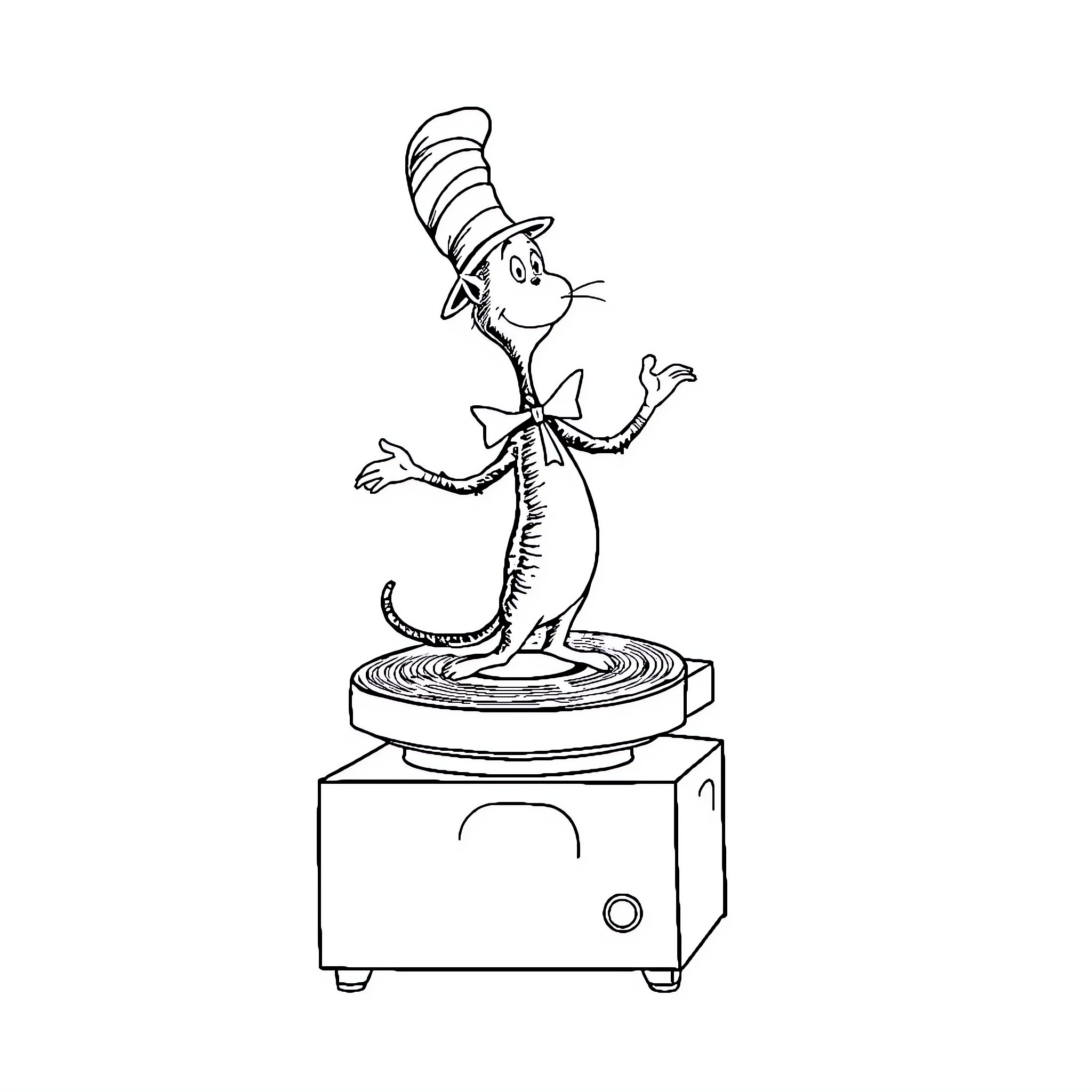 Cat in the Hat dancing on a toy Coloring Page (free black-and-white line drawing printable PDF for all, from beginners to advanced learners, including children, teens, adults, and seniors)