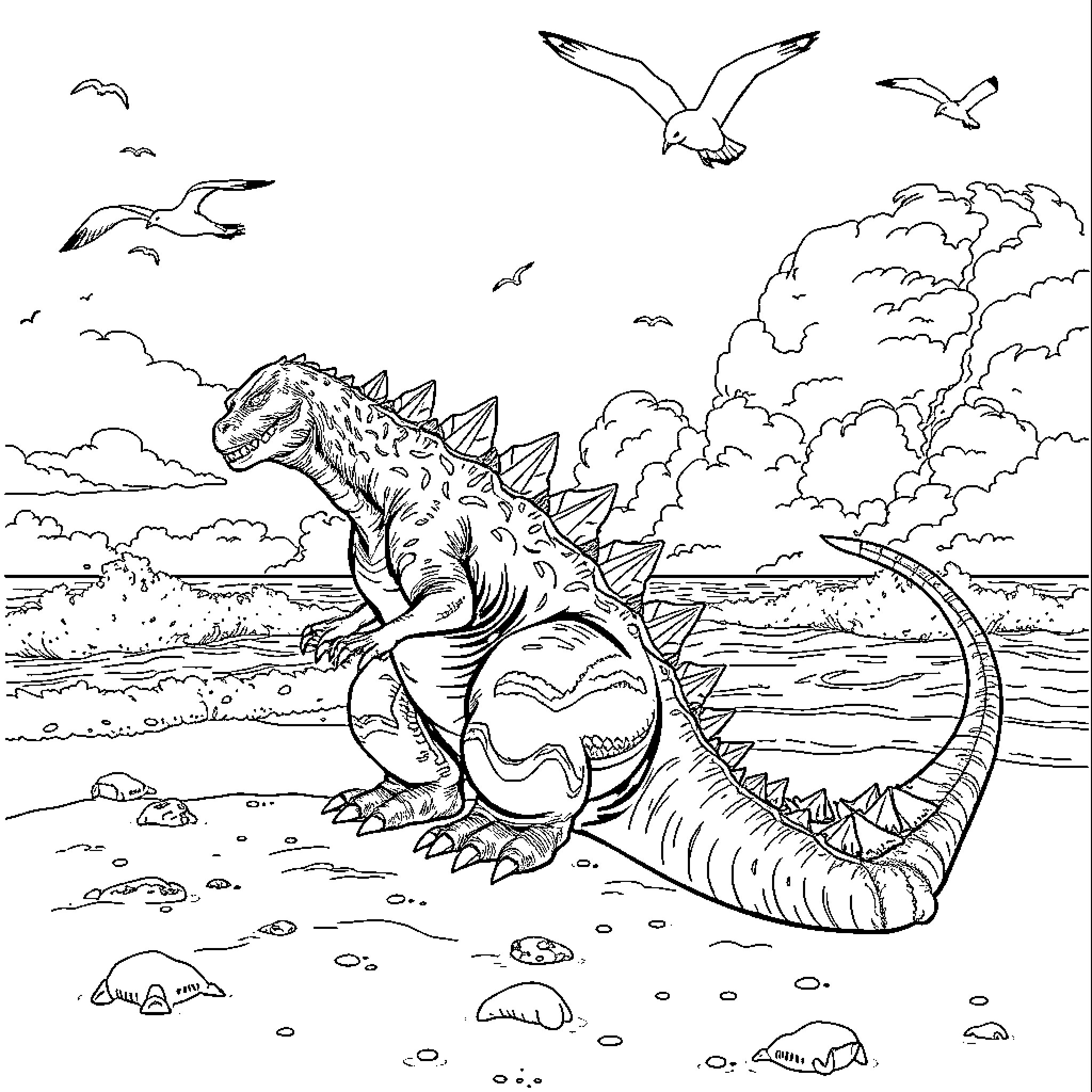 Godzilla-inspired dinosaur roaring on the beach Coloring Page (free black-and-white line drawing printable PDF for all, from beginners to advanced learners, including children, teens, adults, and seniors)