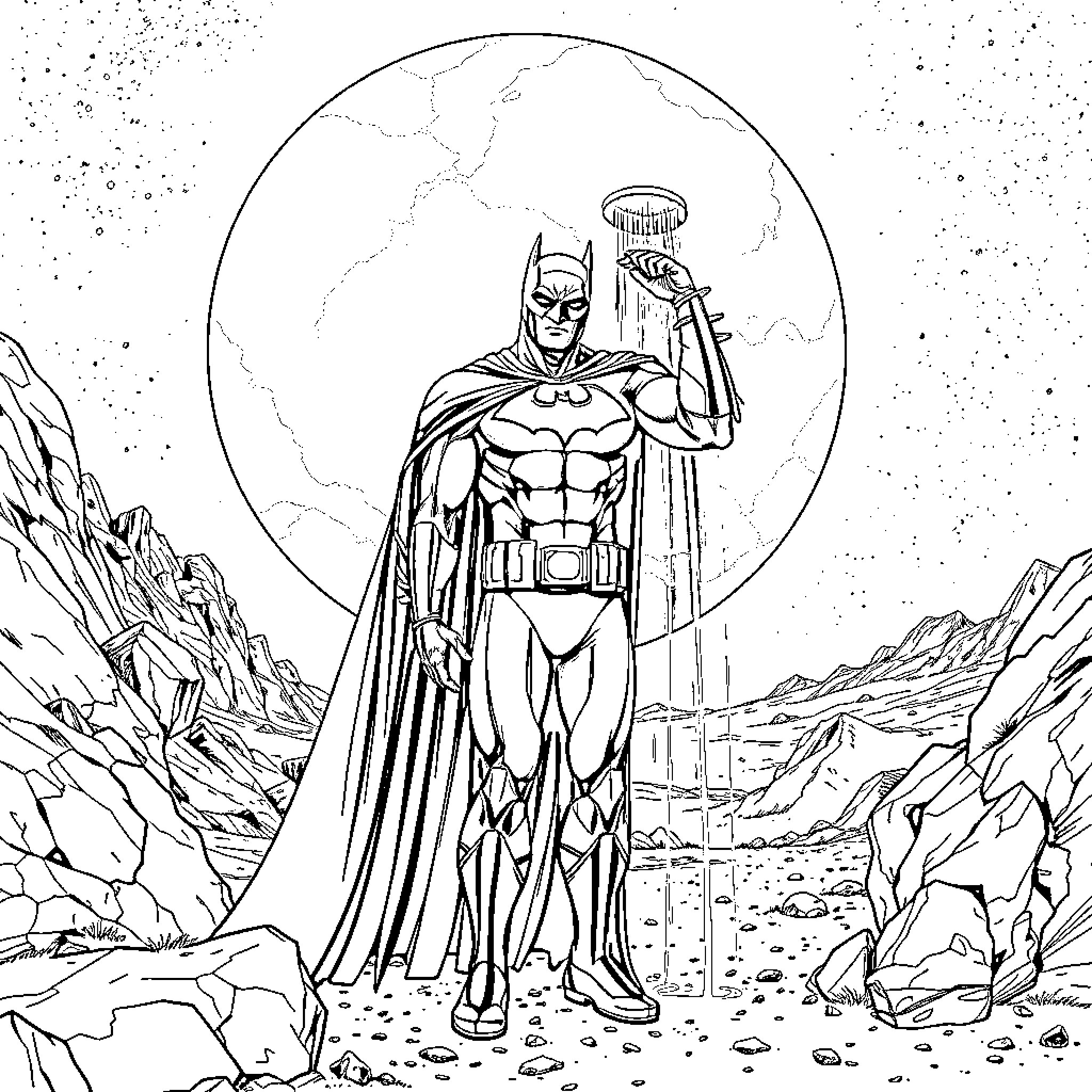 Batman heroically standing against the backdrop of a desolate landscape Coloring Page (free black-and-white line drawing printable PDF for all, from beginners to advanced learners, including children, teens, adults, and seniors)