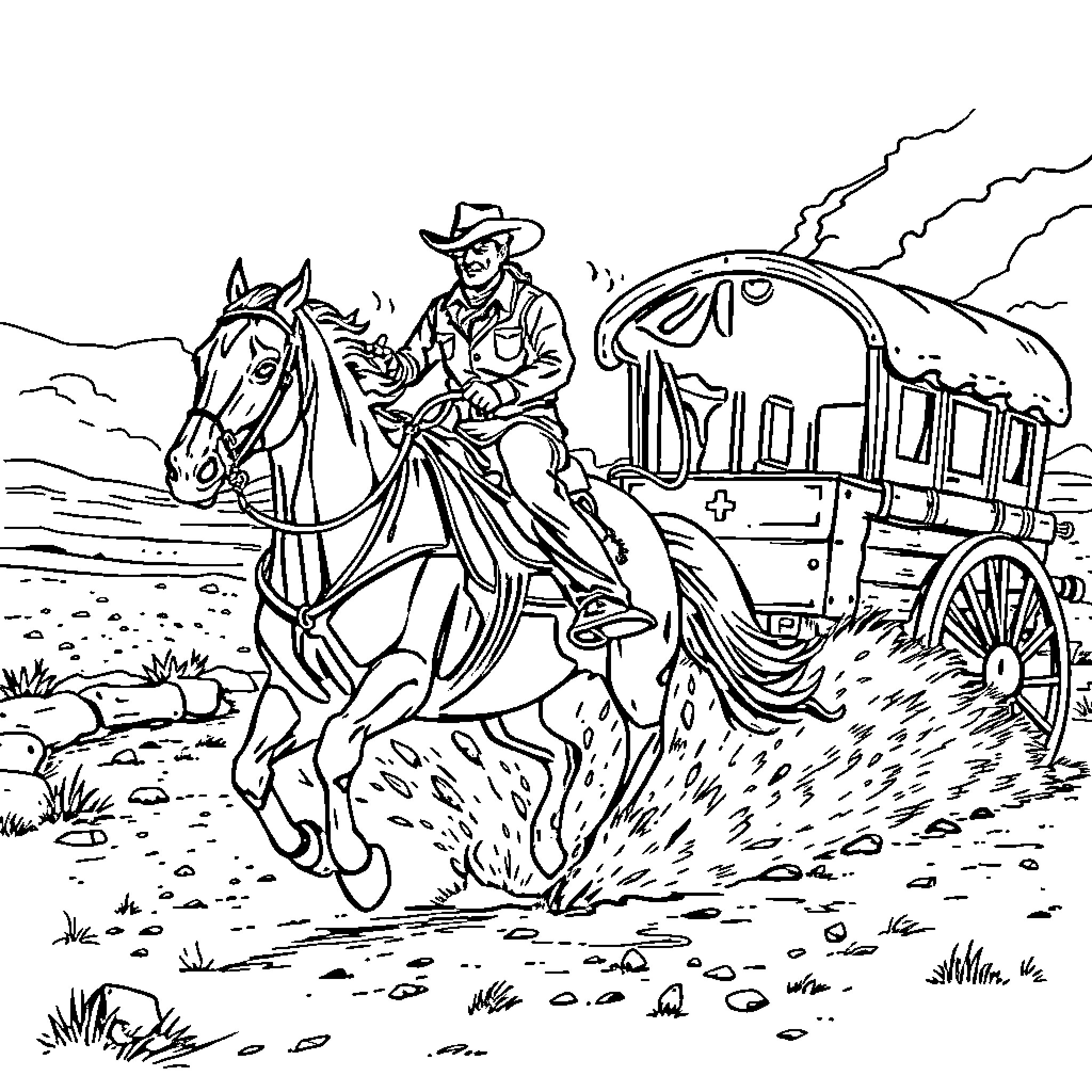 Cowboy riding horse and pulling wagon in the desert Coloring Page (free black-and-white line drawing printable PDF for all, from beginners to advanced learners, including children, teens, adults, and seniors)