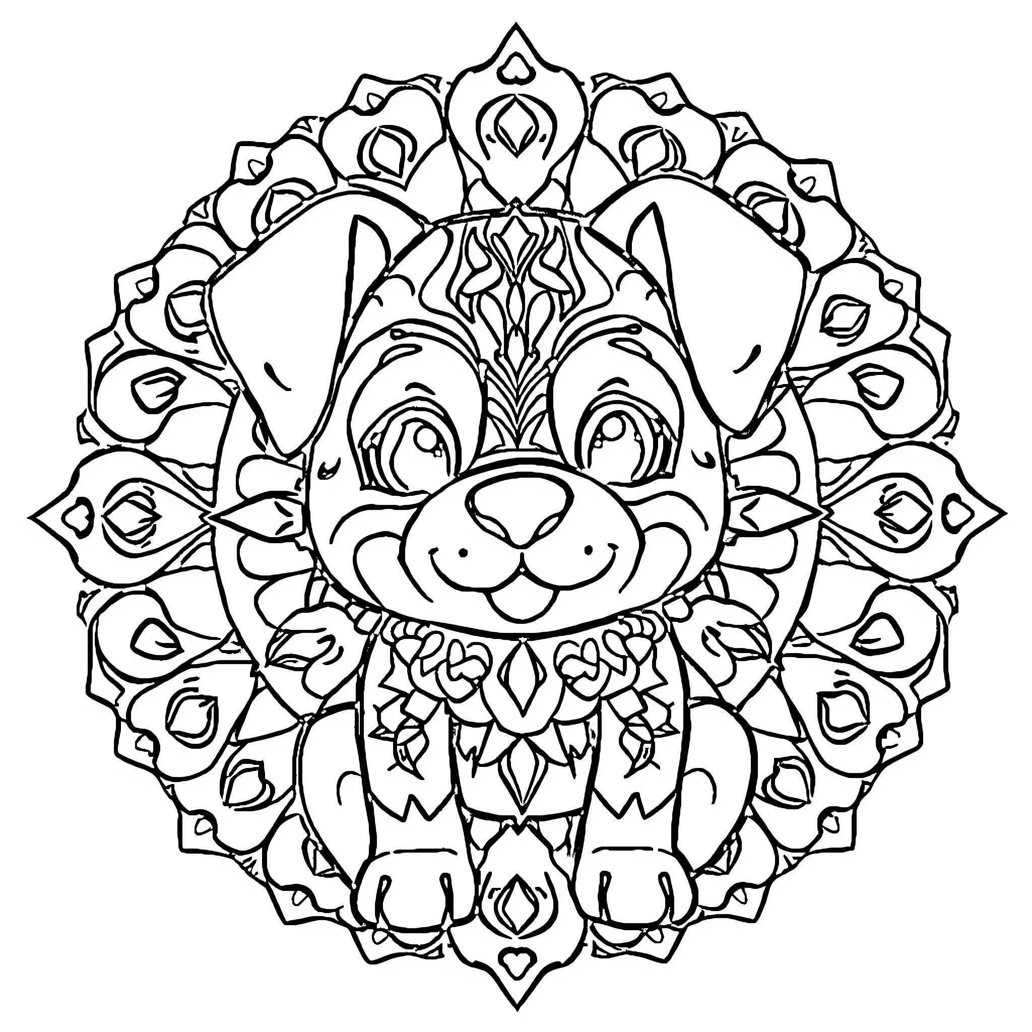 Dog in Ornamental Floral Design Coloring Page (free black-and-white line drawing printable PDF for all, from beginners to advanced learners, including children, teens, adults, and seniors)