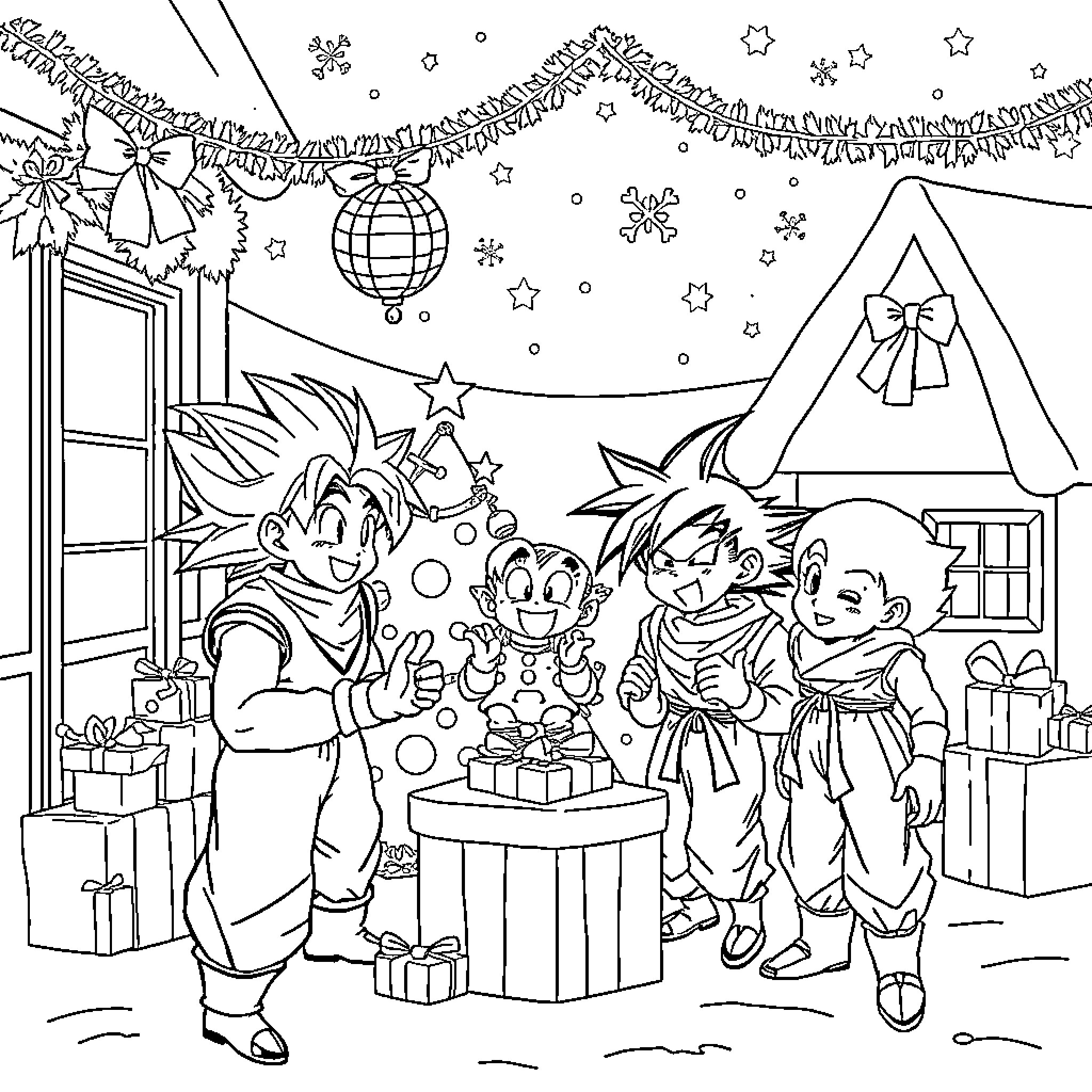 Dragonball Z Christmas Party with Friends Coloring Page (free black-and-white line drawing printable PDF for all, from beginners to advanced learners, including children, teens, adults, and seniors)