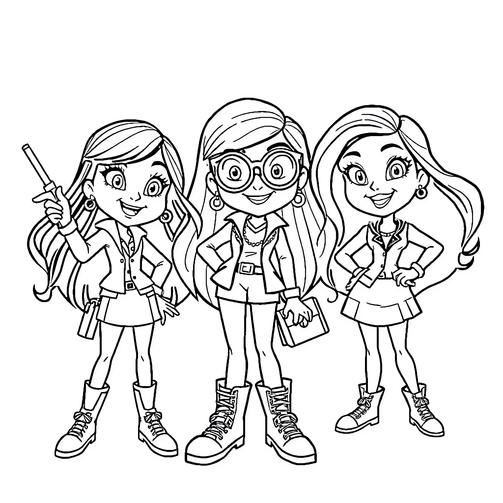Spy trio in stylish outfits and expressions Coloring Page (free black-and-white line drawing printable PDF for all, from beginners to advanced learners, including children, teens, adults, and seniors)