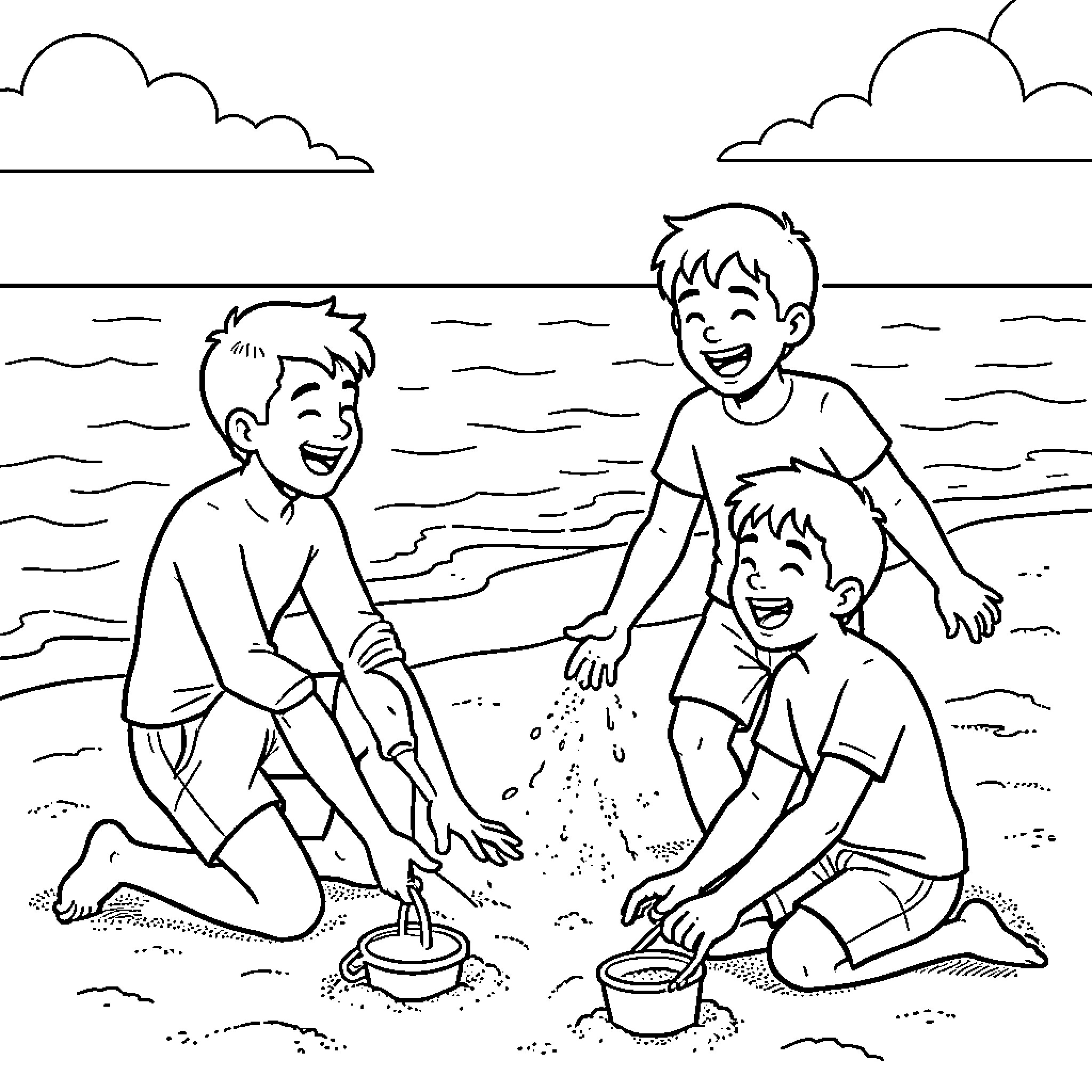 Young People playing happily with sand at the beach Coloring Page (free black-and-white line drawing printable PDF for all, from beginners to advanced learners, including children, teens, adults, and seniors)