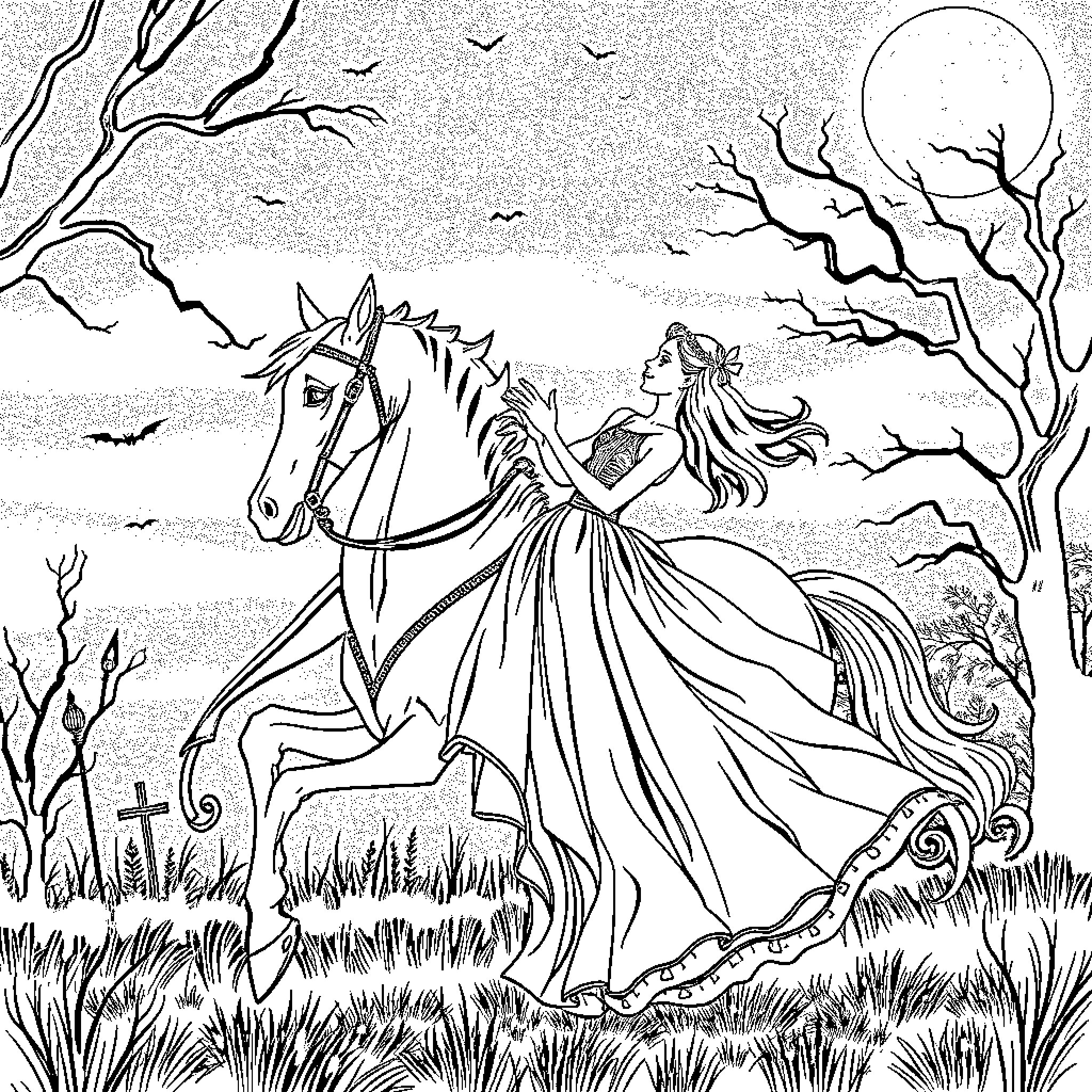 Headless Horseman Chases Fearless Heroine on Moonlit Night Coloring Page (free black-and-white line drawing printable PDF for all, from beginners to advanced learners, including children, teens, adults, and seniors)