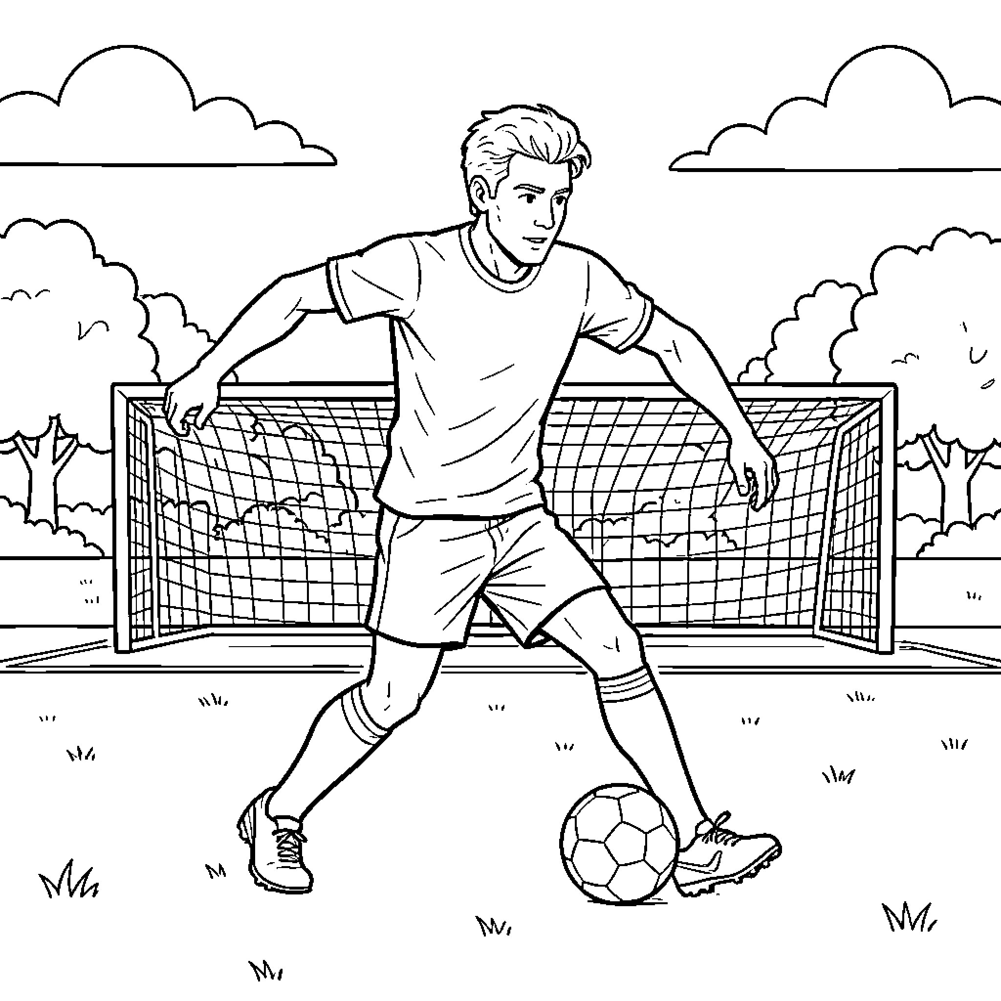 Man playing soccer in front of a goal Coloring Page (free black-and-white line drawing printable PDF for all, from beginners to advanced learners, including children, teens, adults, and seniors)