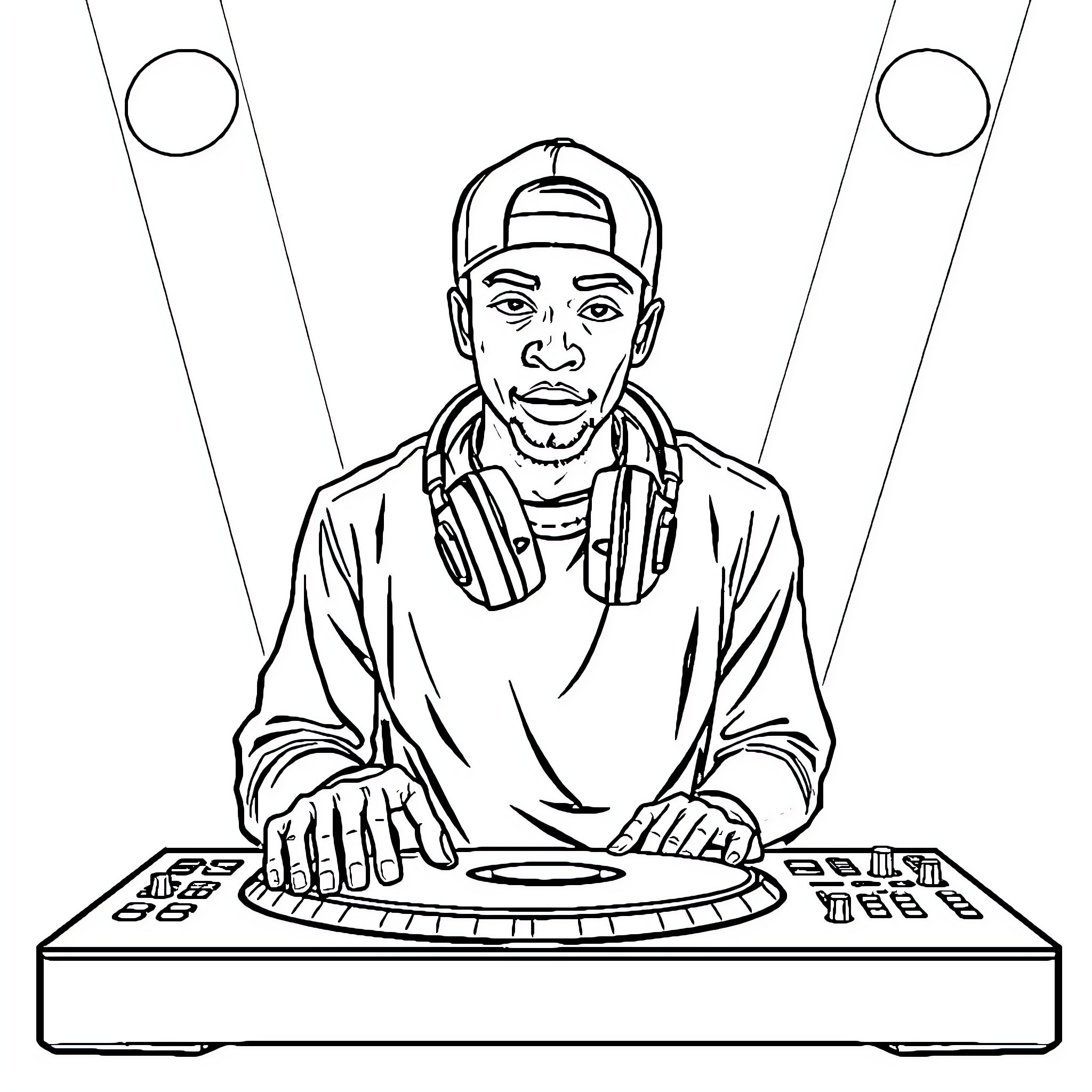 DJ Performing at a Music Event Coloring Page (free black-and-white line drawing printable PDF for all, from beginners to advanced learners, including children, teens, adults, and seniors)
