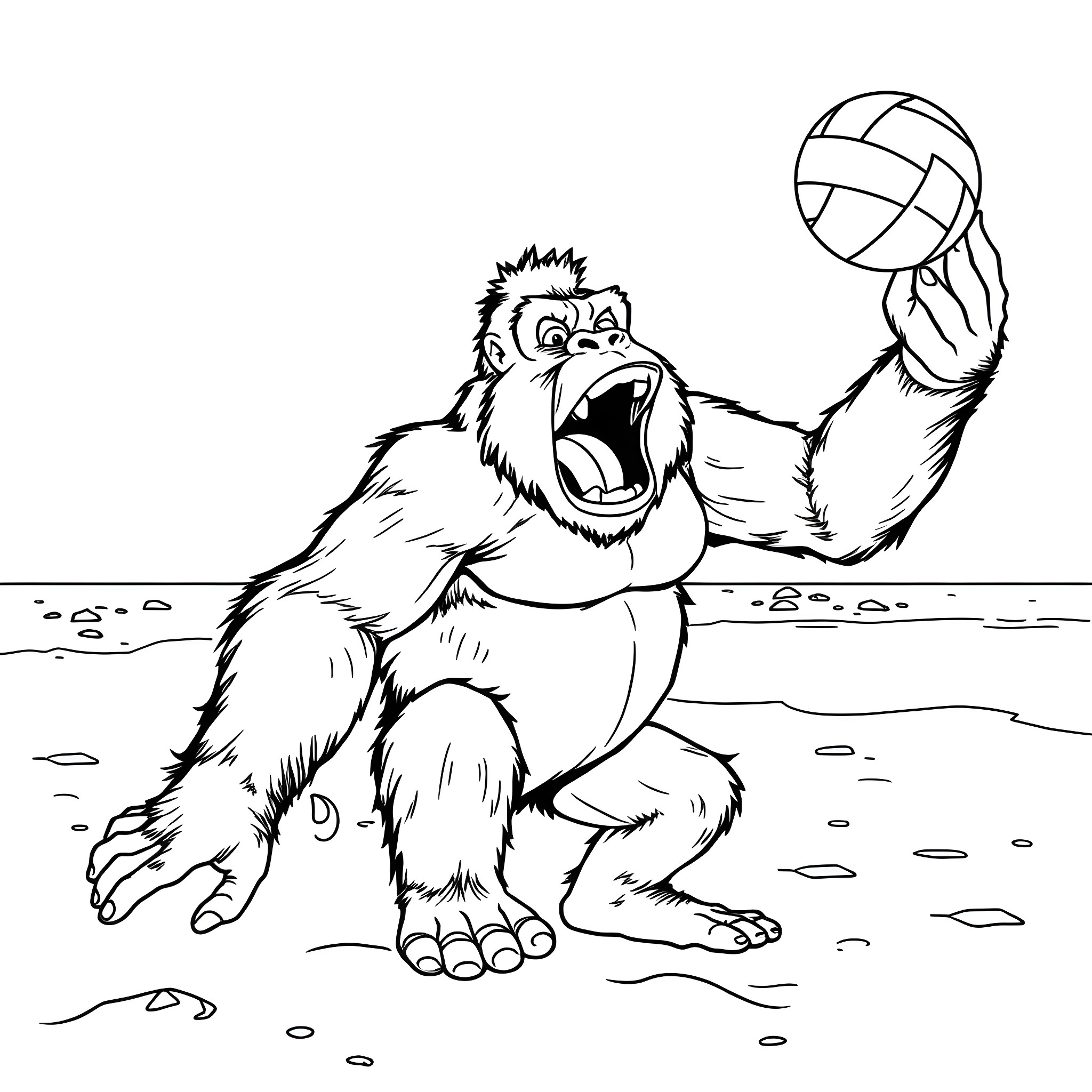 King Kong playing with a volleyball Coloring Page (free black-and-white line drawing printable PDF for all, from beginners to advanced learners, including children, teens, adults, and seniors)