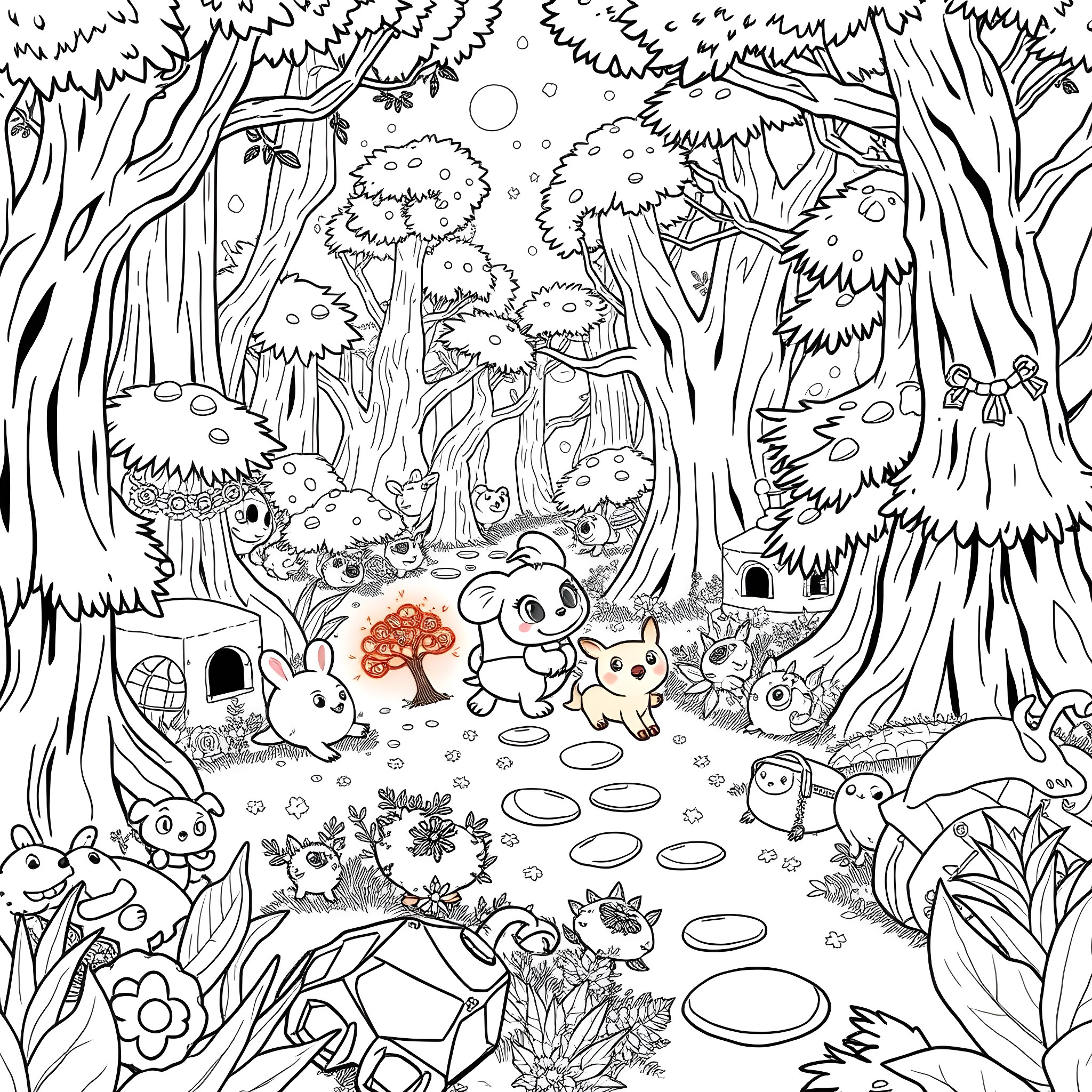 Sprunki's Enchanted Forest Adventure Coloring Page (free black-and-white line drawing printable PDF for all, from beginners to advanced learners, including children, teens, adults, and seniors)