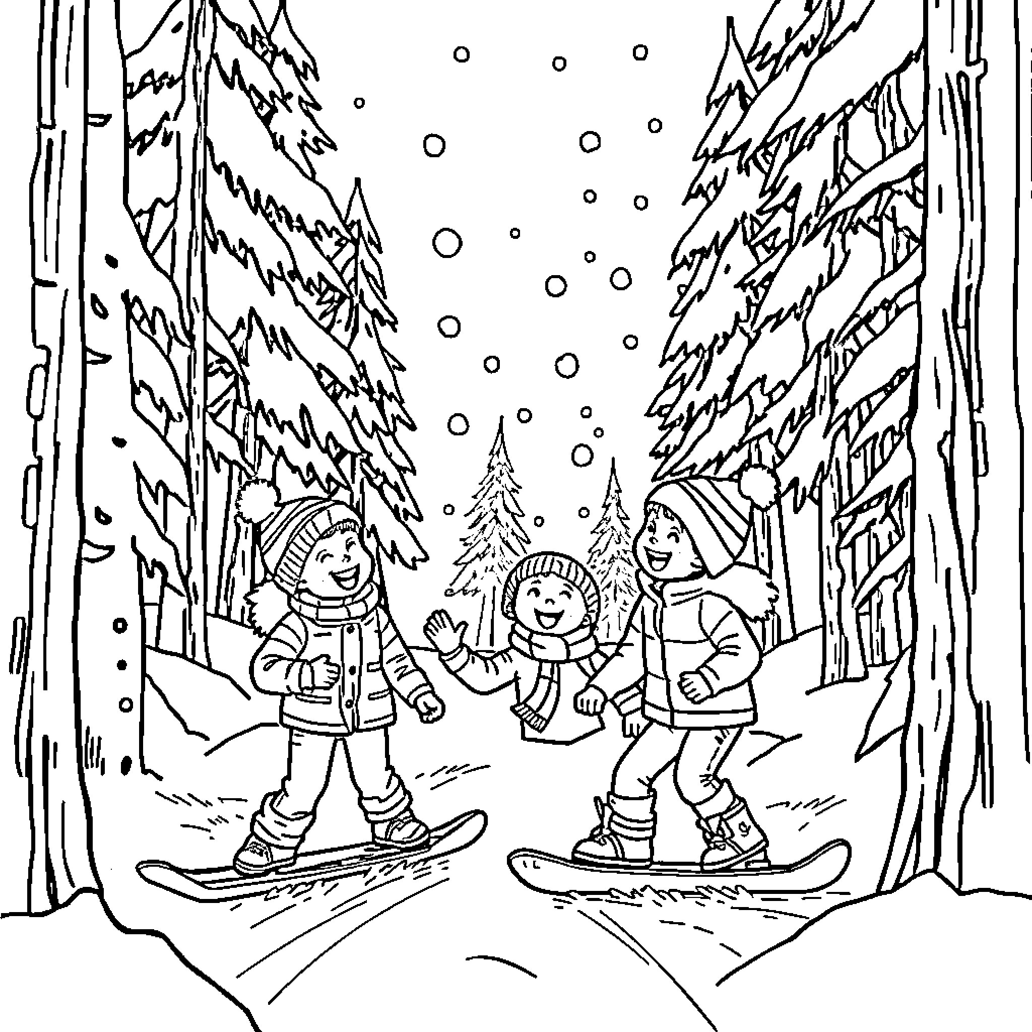 Kid playing in snowy winter wonderland Coloring Page (free black-and-white line drawing printable PDF for all, from beginners to advanced learners, including children, teens, adults, and seniors)