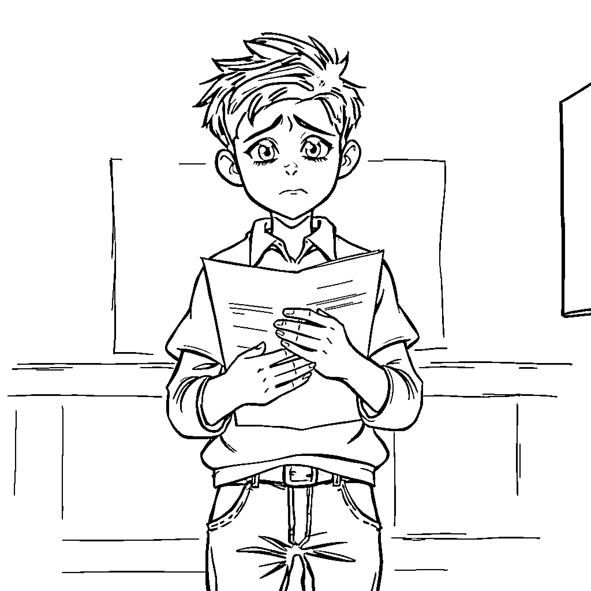 Boy reading book in classroom Coloring Page (free black-and-white line drawing printable PDF for all, from beginners to advanced learners, including children, teens, adults, and seniors)