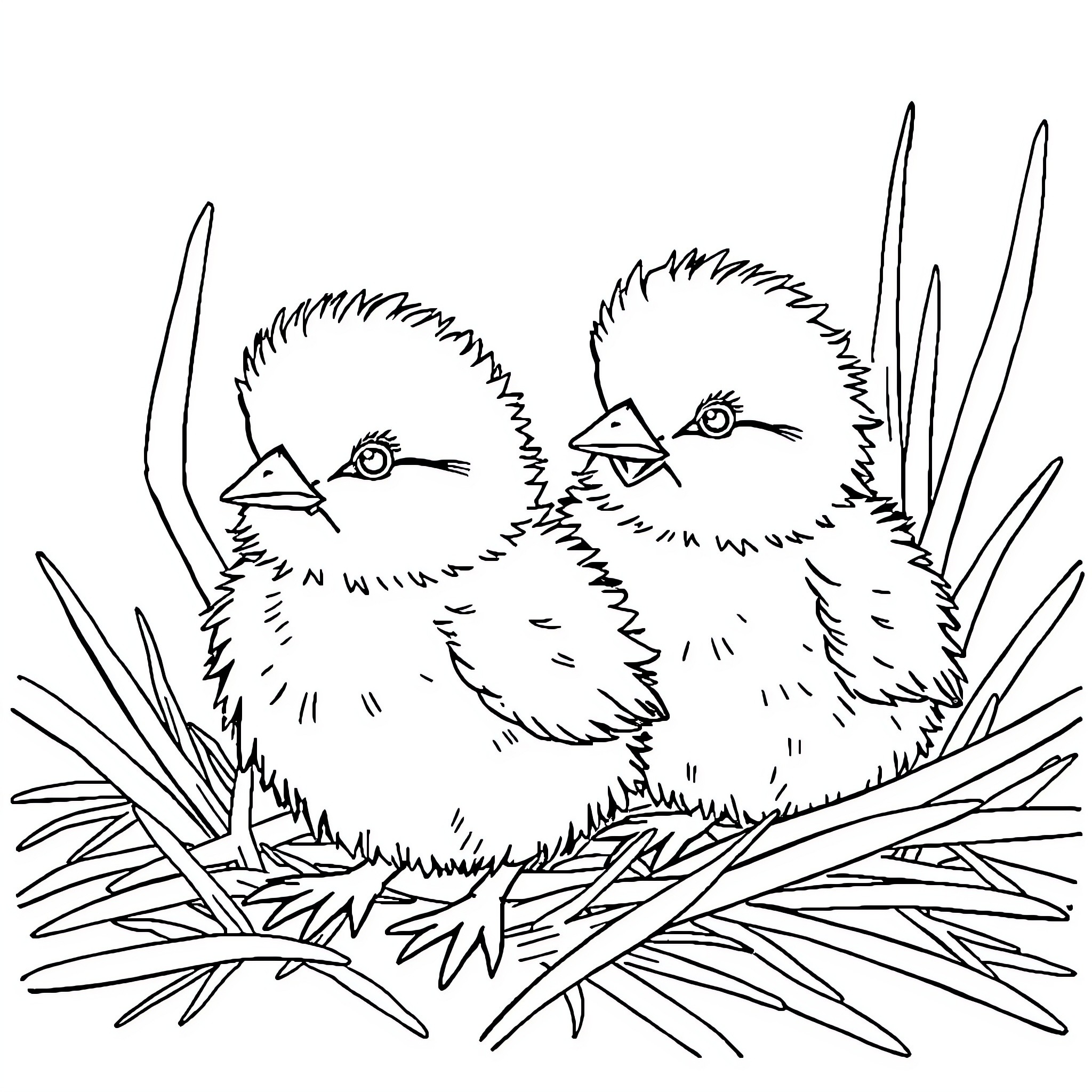 Chicks nestled in the grass Coloring Page (free black-and-white line drawing printable PDF for all, from beginners to advanced learners, including children, teens, adults, and seniors)
