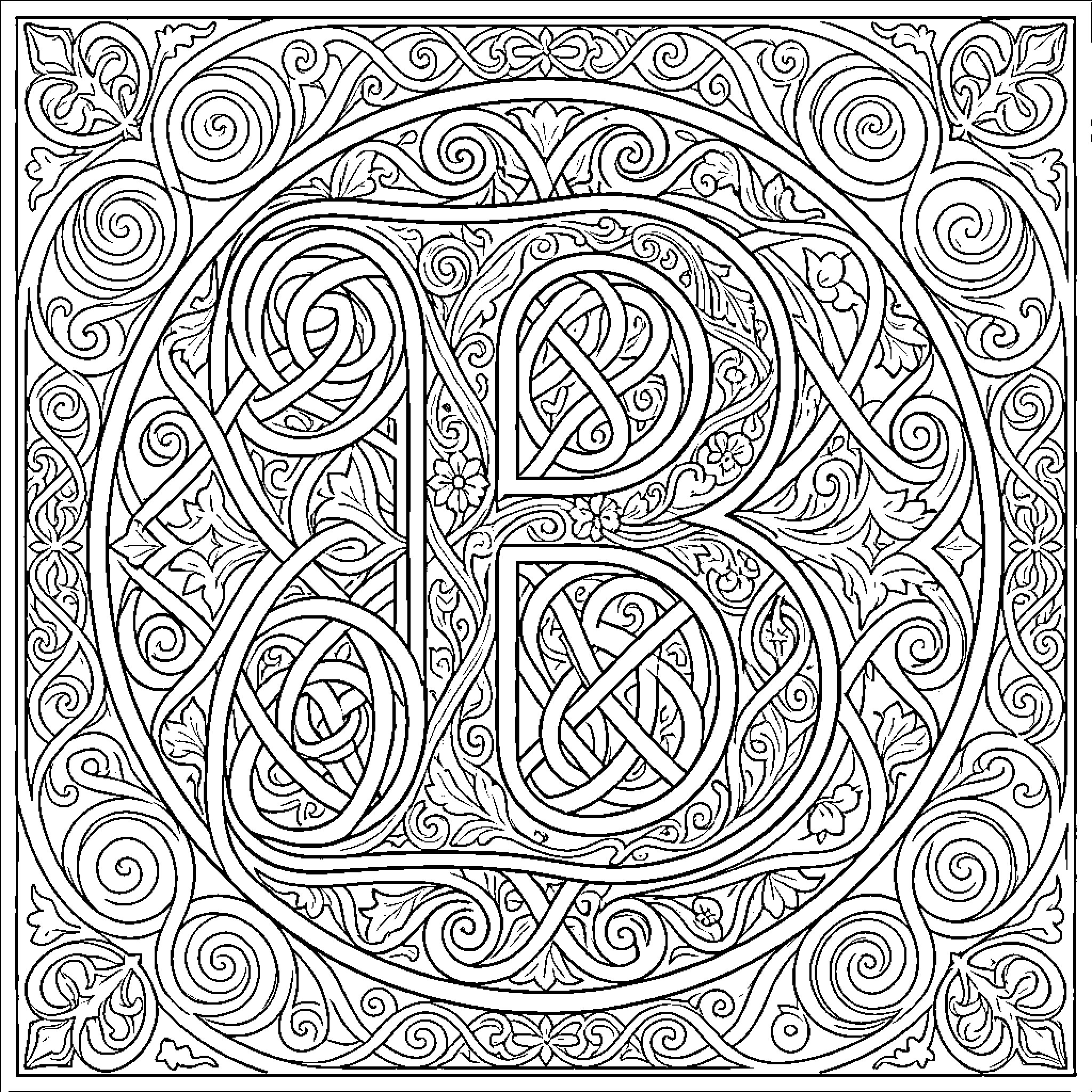 Letter B in Intricate Monochrome Design Coloring Page (free black-and-white line drawing printable PDF for all, from beginners to advanced learners, including children, teens, adults, and seniors)