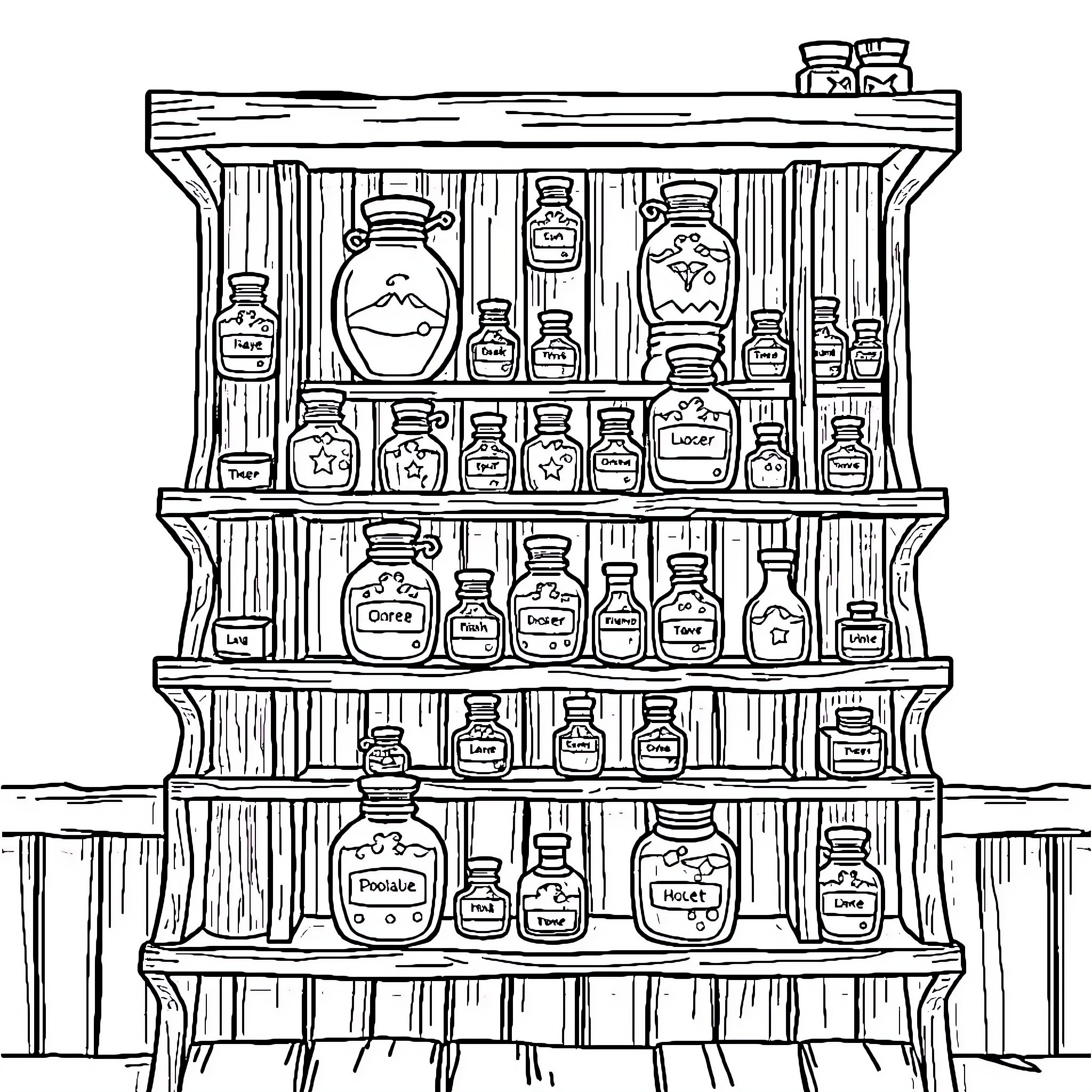 Potion Apothecary Shelves with Mysterious Elixirs Coloring Page (free black-and-white line drawing printable PDF for all, from beginners to advanced learners, including children, teens, adults, and seniors)