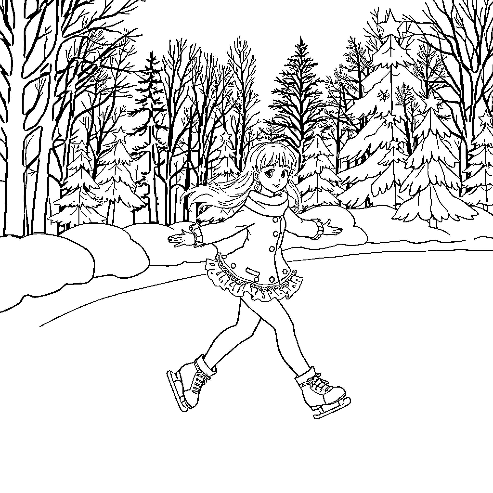 Kuromi skating through a snowy winter wonderland Coloring Page (free black-and-white line drawing printable PDF for all, from beginners to advanced learners, including children, teens, adults, and seniors)