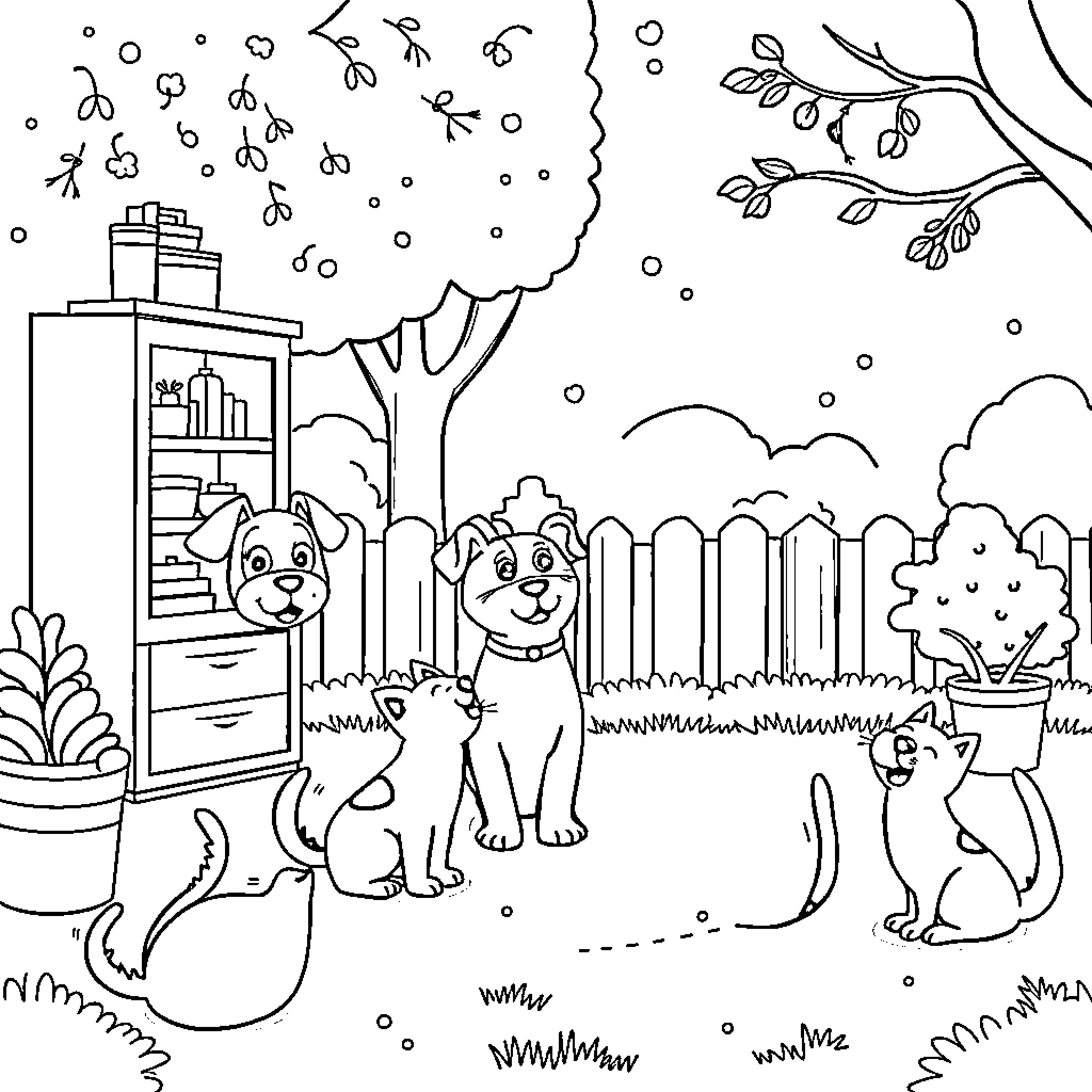 Animal friends playing outdoors in the garden Coloring Page (free black-and-white line drawing printable PDF for all, from beginners to advanced learners, including children, teens, adults, and seniors)
