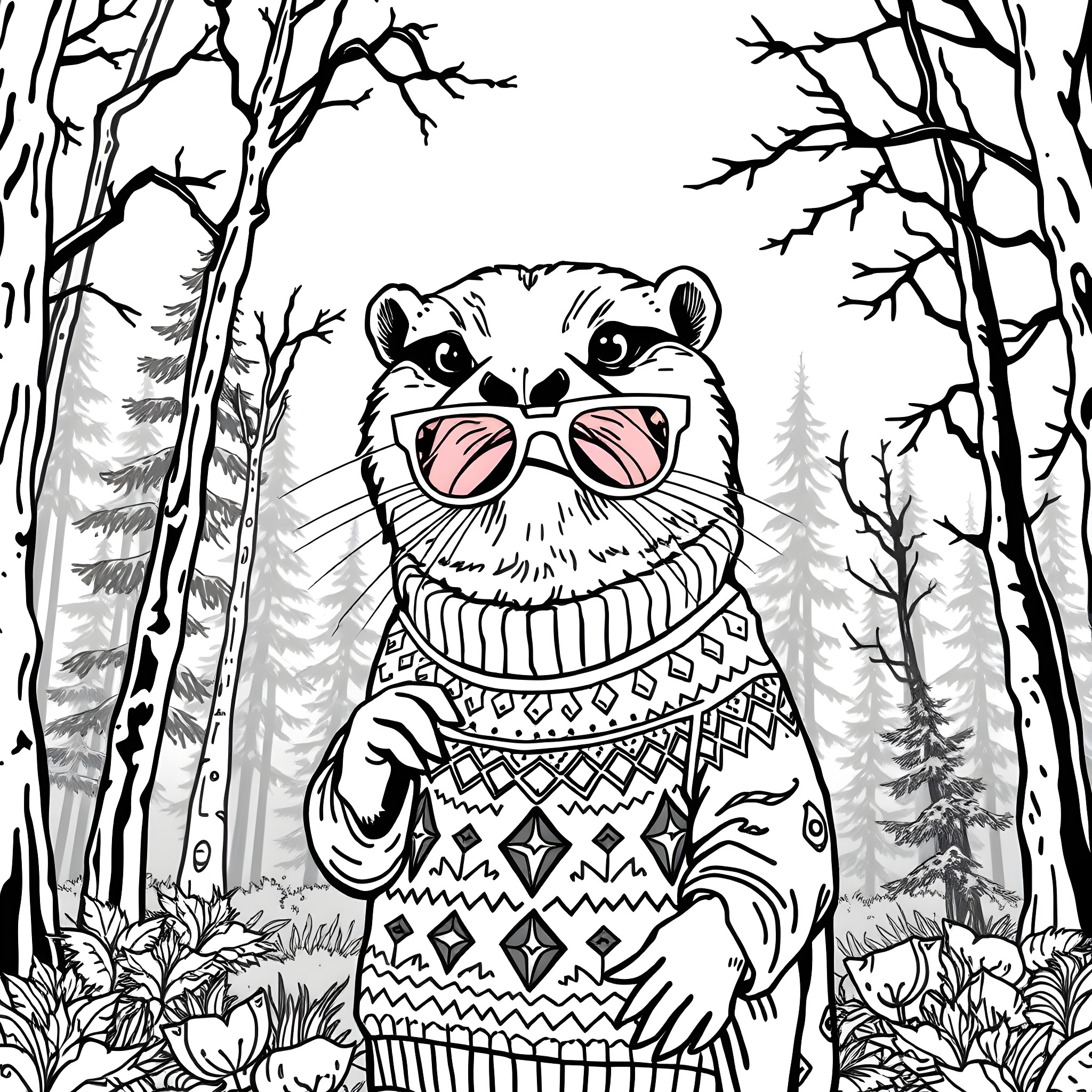 Otter in a cozy forest scene Coloring Page (free black-and-white line drawing printable PDF for all, from beginners to advanced learners, including children, teens, adults, and seniors)