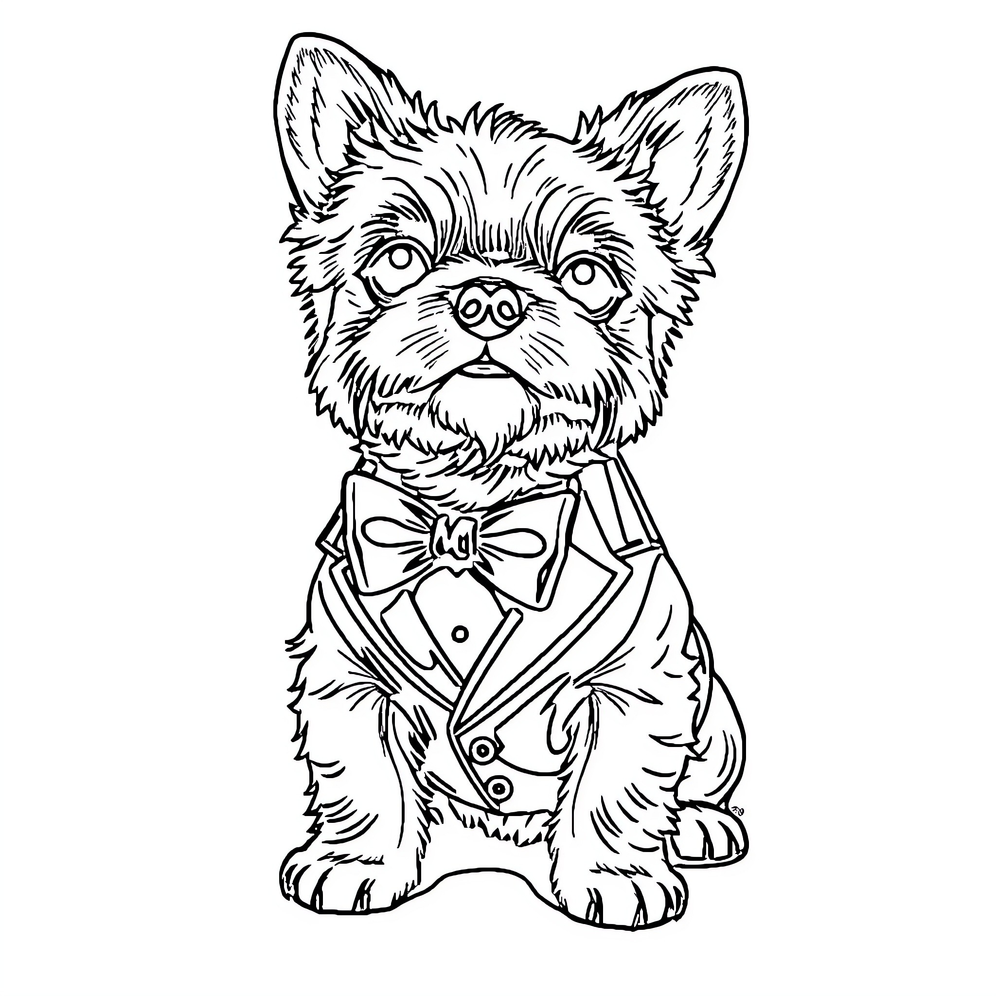 Dog dressed formally in suit and bow tie Coloring Page (free black-and-white line drawing printable PDF for all, from beginners to advanced learners, including children, teens, adults, and seniors)