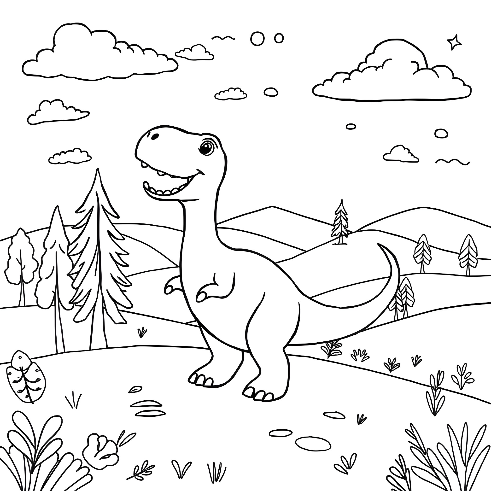 Dinosaur enjoying a sunny day in the nature landscape Coloring Page (free black-and-white line drawing printable PDF for all, from beginners to advanced learners, including children, teens, adults, and seniors)