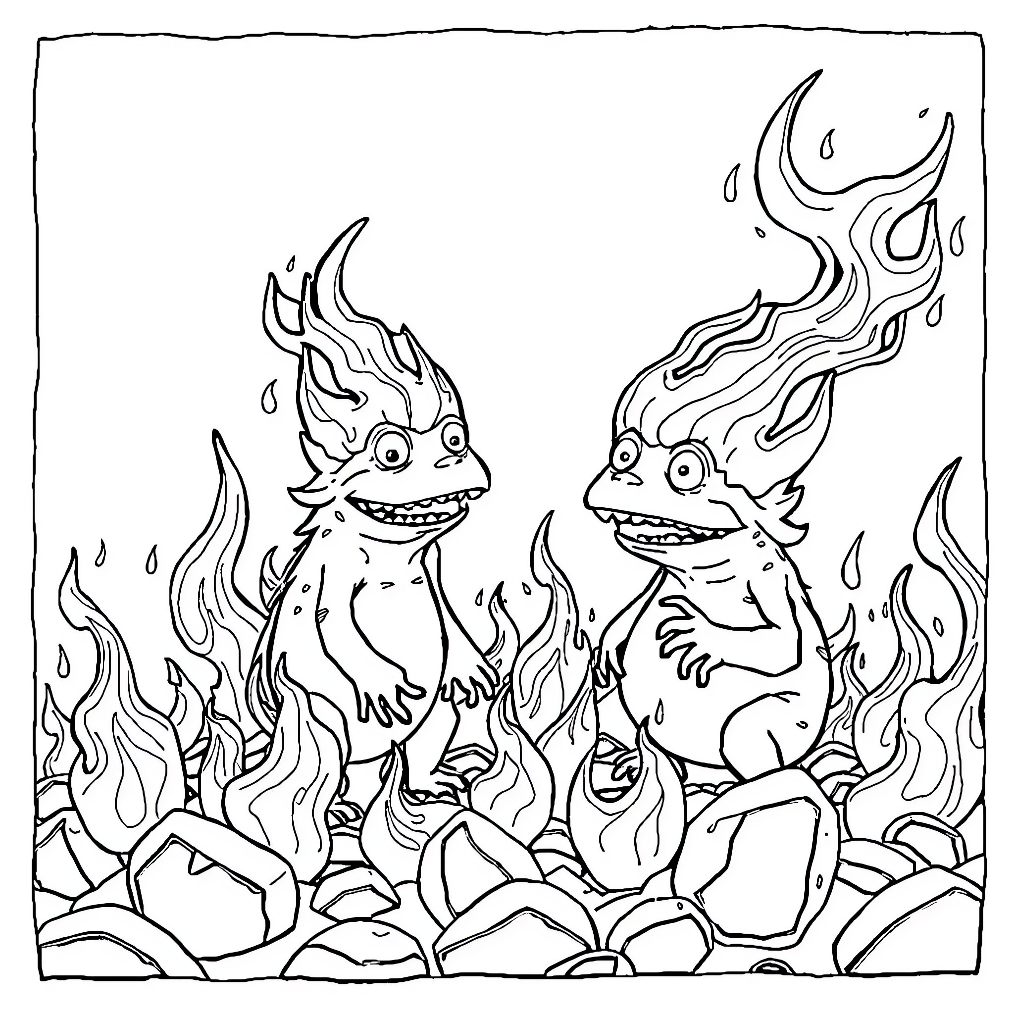Smurfs Playful Creatures in Fiery Scene Coloring Page (free black-and-white line drawing printable PDF for all, from beginners to advanced learners, including children, teens, adults, and seniors)
