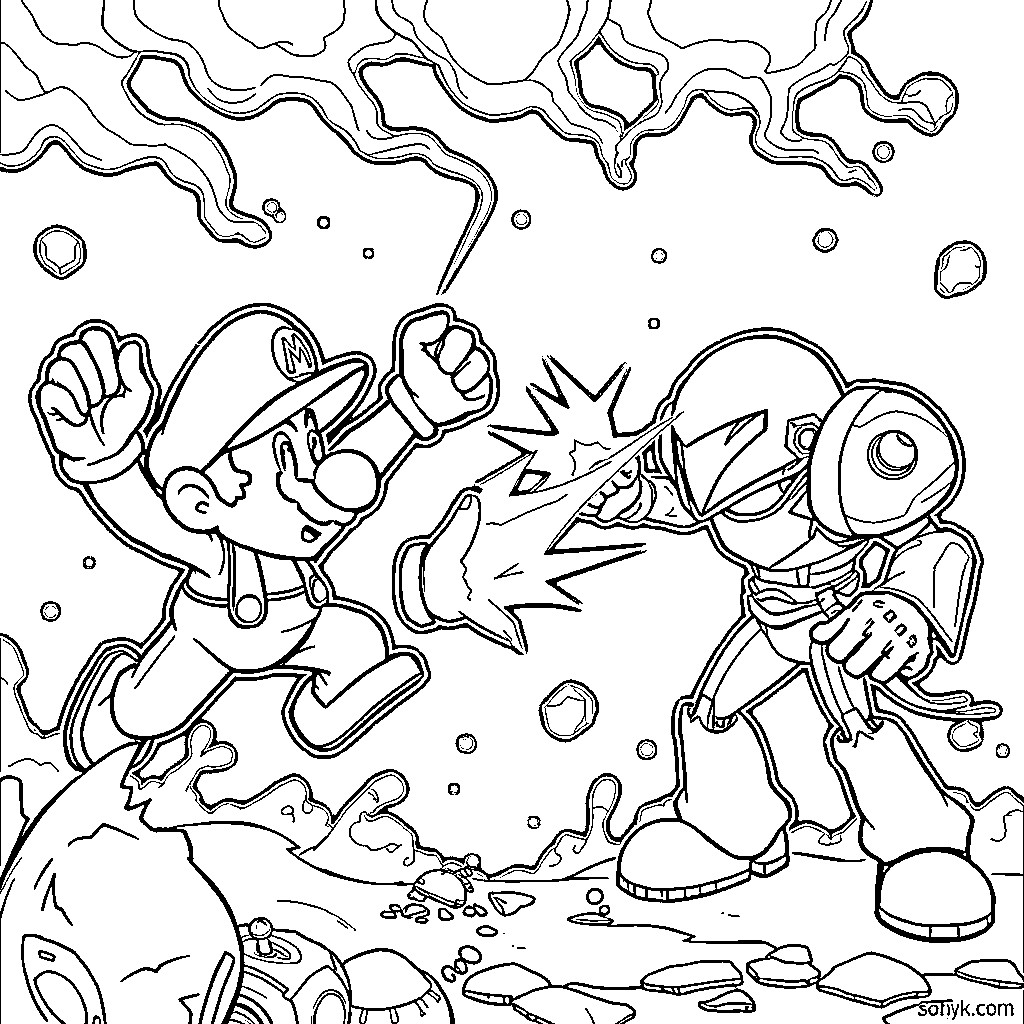 Mario's Galactic Adventure Coloring Page (free black-and-white line drawing printable PDF for all, from beginners to advanced learners, including children, teens, adults, and seniors)