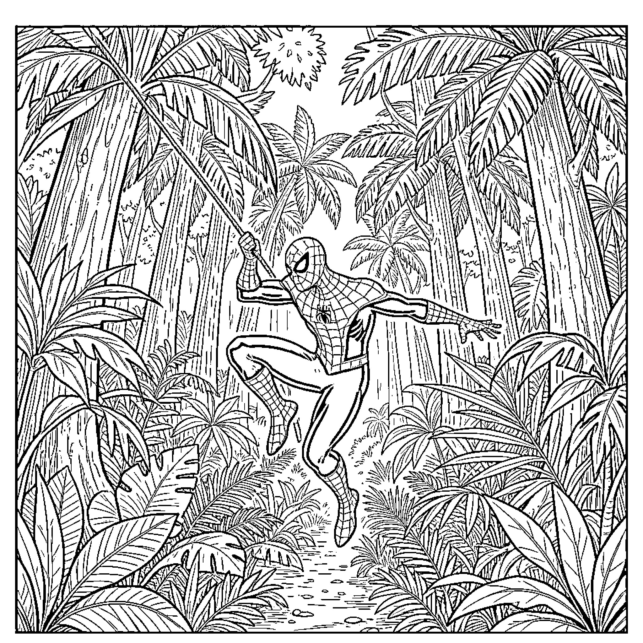 Spiderman swinging through a dense tropical jungle Coloring Page (free black-and-white line drawing printable PDF for all, from beginners to advanced learners, including children, teens, adults, and seniors)