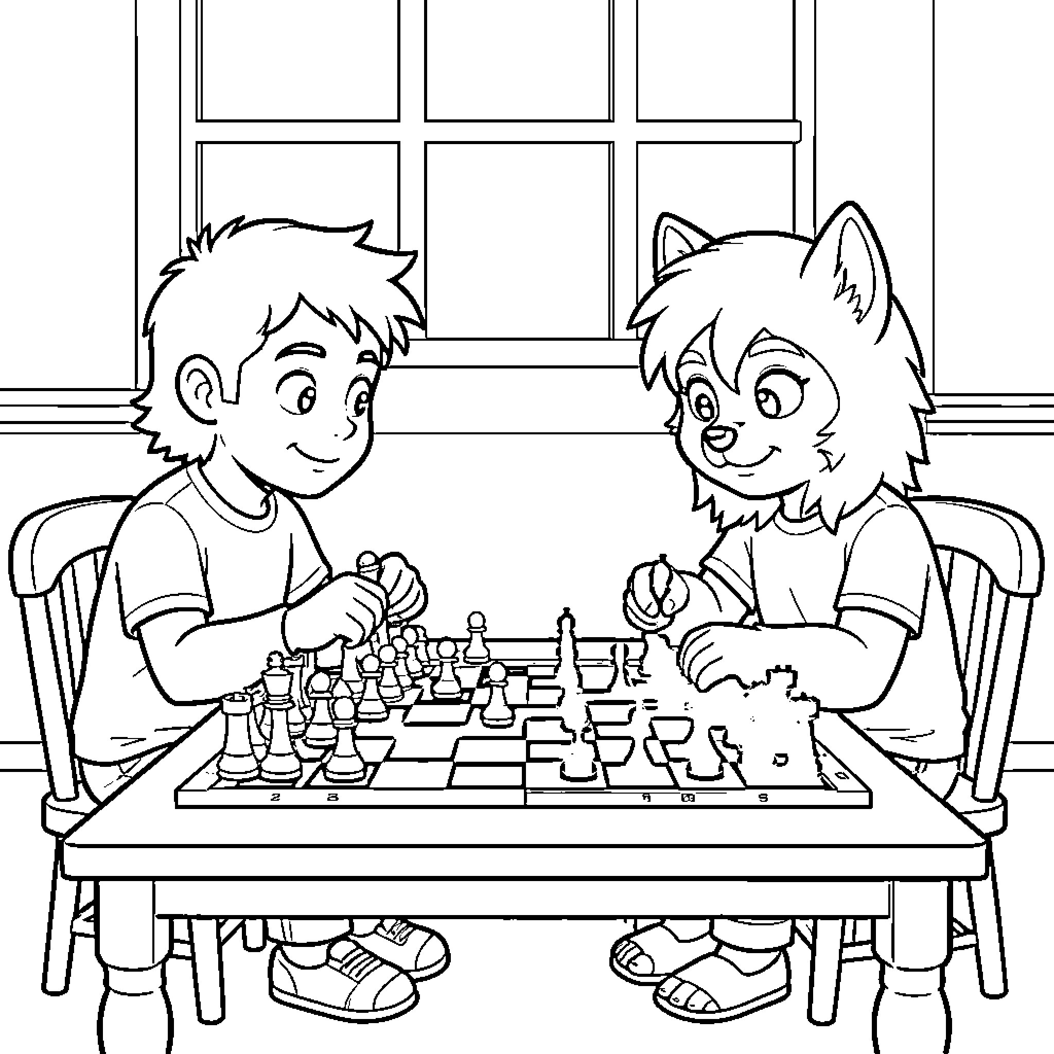 Jax and Friend Play Chess Together Coloring Page (free black-and-white line drawing printable PDF for all, from beginners to advanced learners, including children, teens, adults, and seniors)