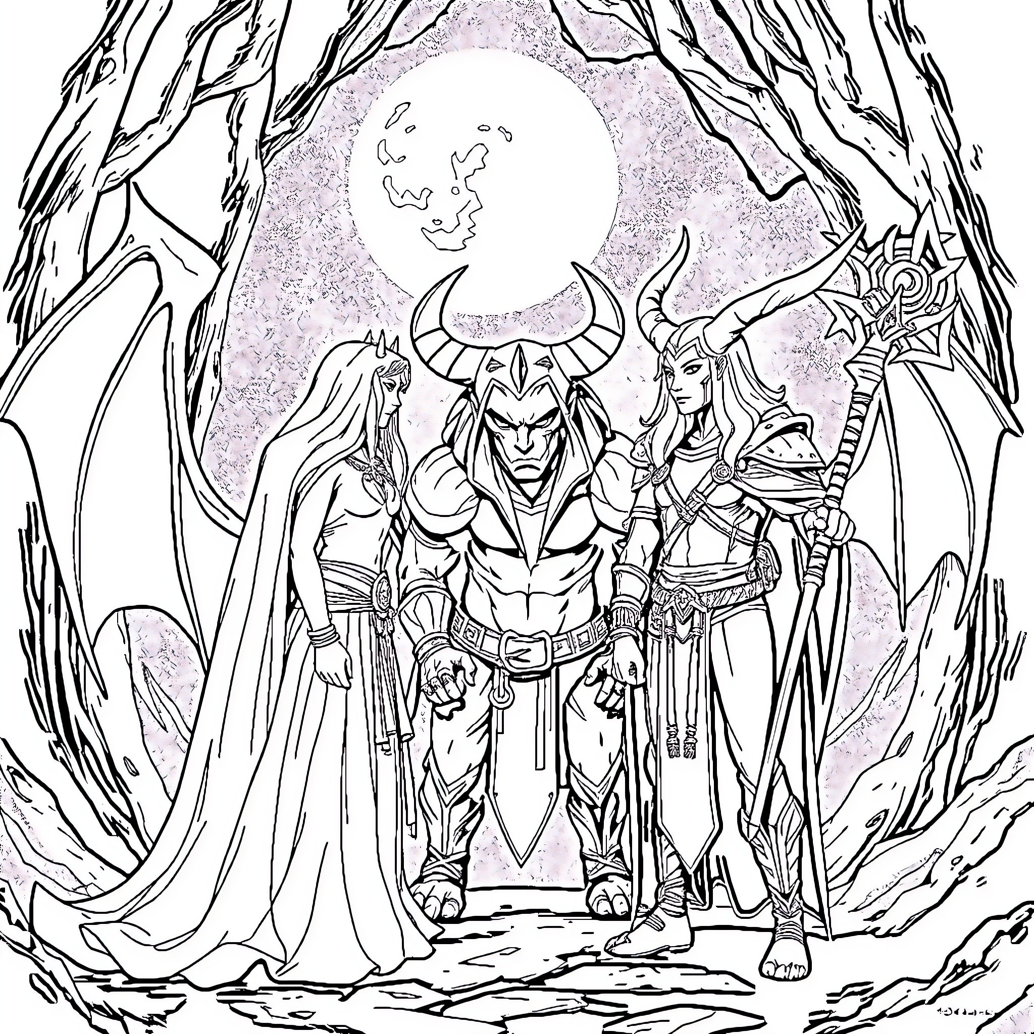 Demon Slayer Warriors in Mystical Forest Coloring Page (free black-and-white line drawing printable PDF for all, from beginners to advanced learners, including children, teens, adults, and seniors)