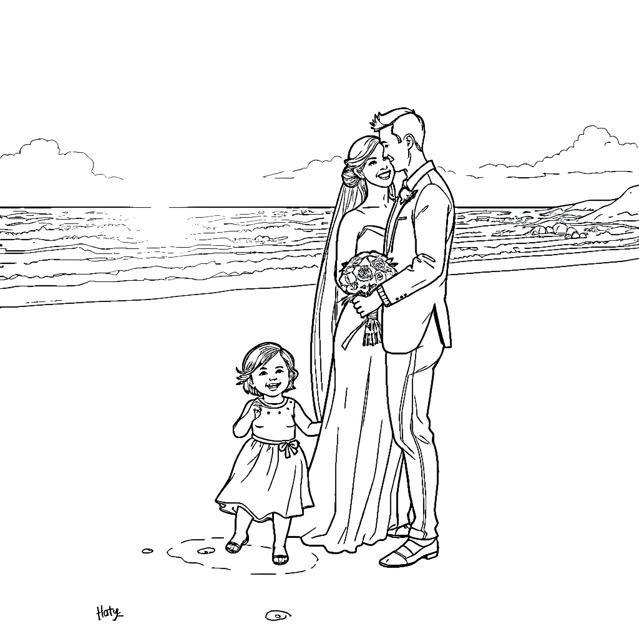 Couple's wedding celebration on the beach Coloring Page (free black-and-white line drawing printable PDF for all, from beginners to advanced learners, including children, teens, adults, and seniors)