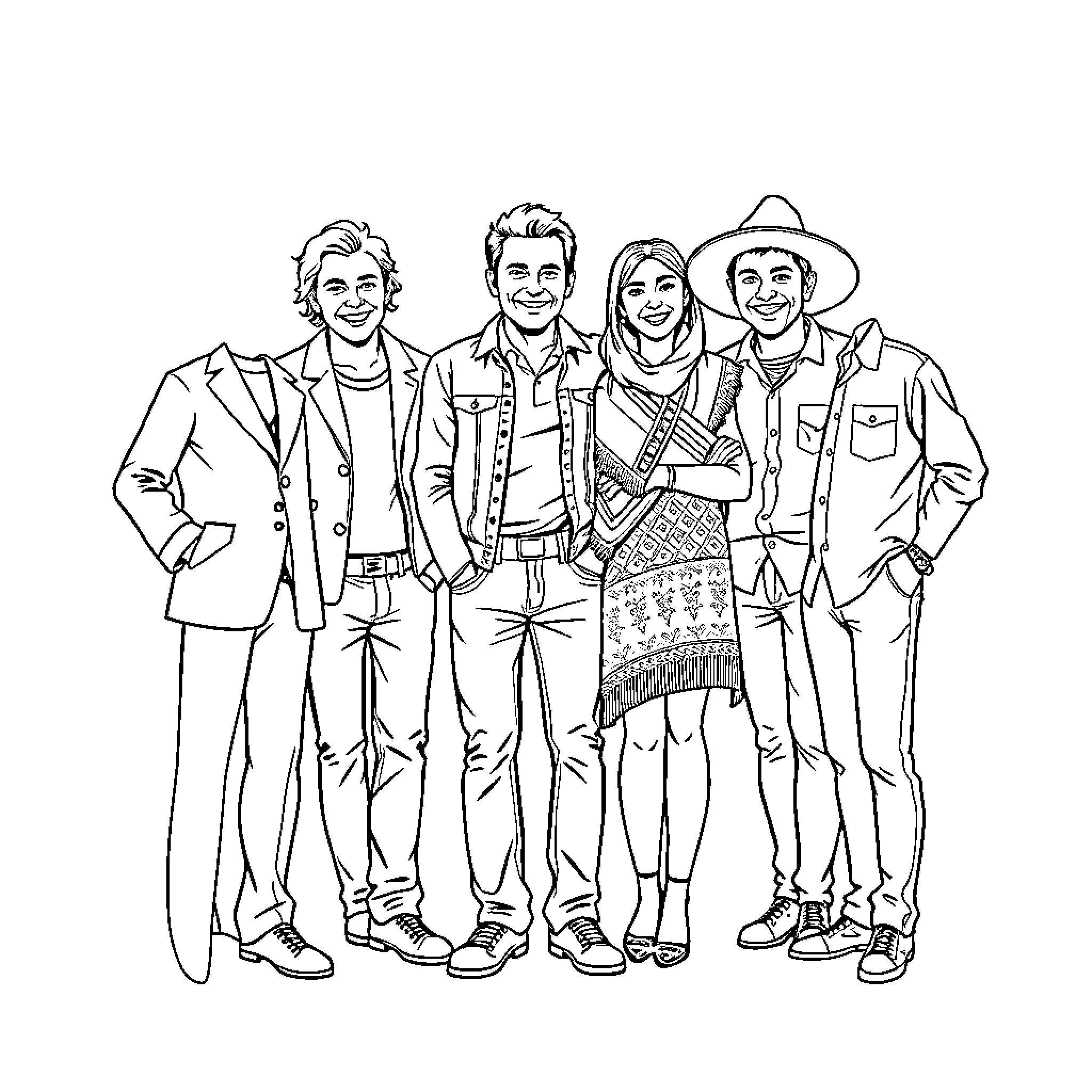 Anglophone men in casual Western attire Coloring Page (free black-and-white line drawing printable PDF for all, from beginners to advanced learners, including children, teens, adults, and seniors)