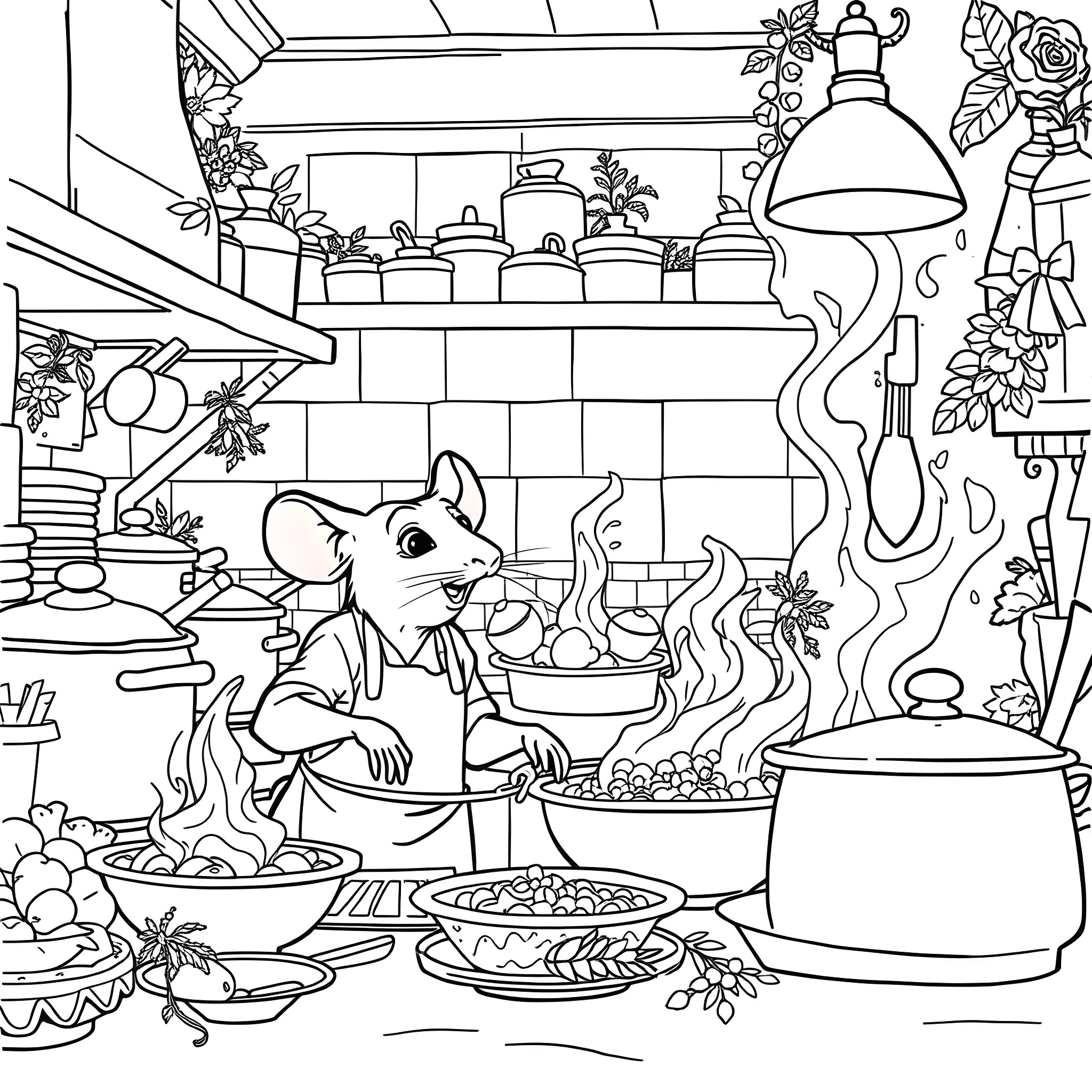 Ratatouille's Cozy Kitchen Coloring Page (free black-and-white line drawing printable PDF for all, from beginners to advanced learners, including children, teens, adults, and seniors)
